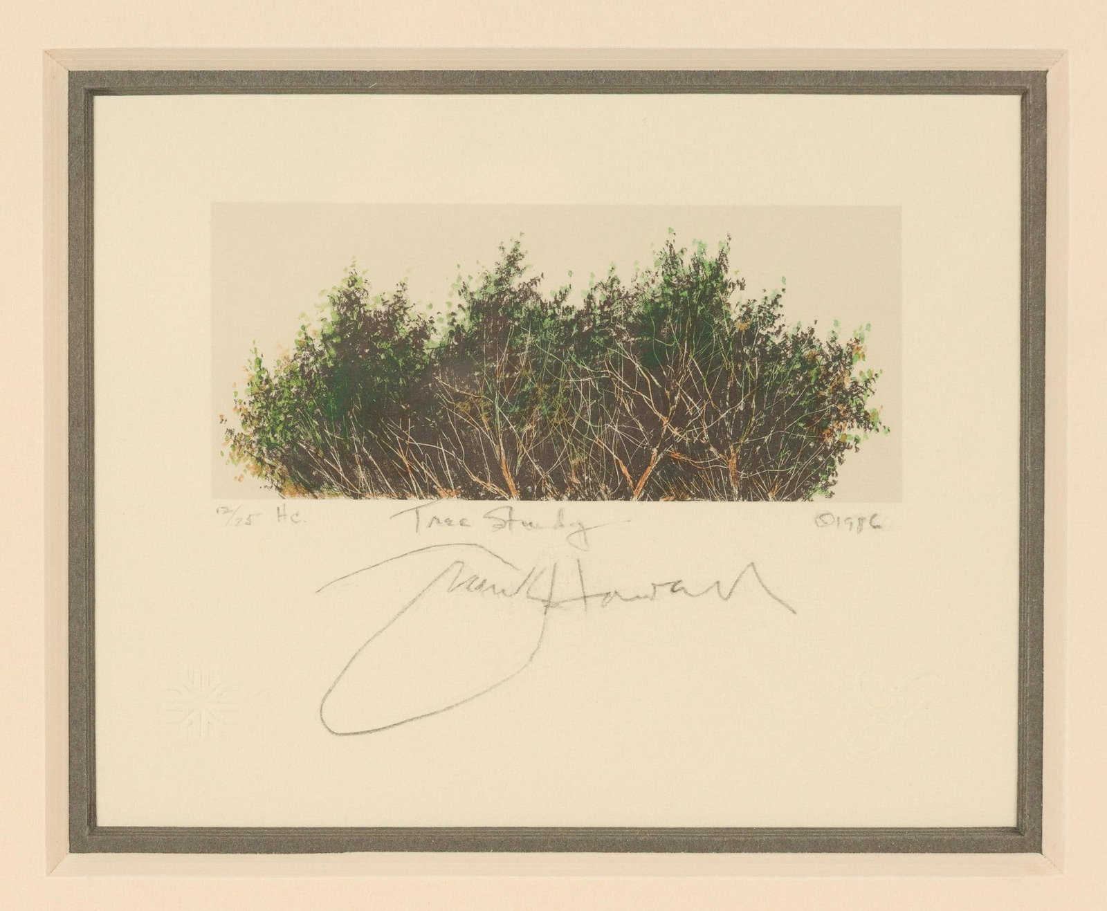 Frank Howell "Tree Study" Lithograph: NOT ELIGIBLE FOR IN-HOUSE SHIPPING: See Terms for Shipping Options. Numbered 12/25. Dated 1986. Pencil signed. 12-1/2" long x 13" wide.