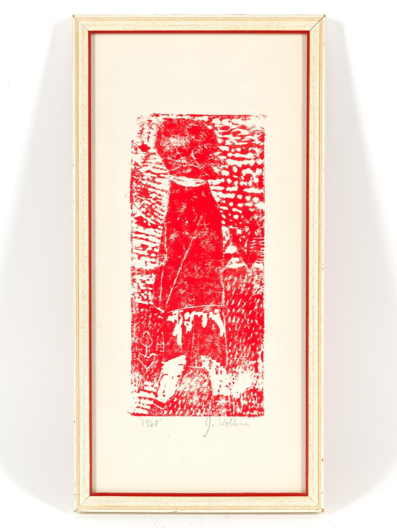 J. Wollins Red Woodblock Print: NOT ELIGIBLE FOR IN-HOUSE SHIPPING: See Terms for Shipping Options. Dated 1968. Signed. 13-1/4" long x 6-3/4" wide.