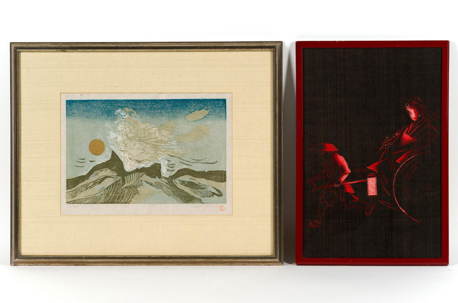 2 Pcs Asian Art incl "Sunset" Woodcut (1 of 5)