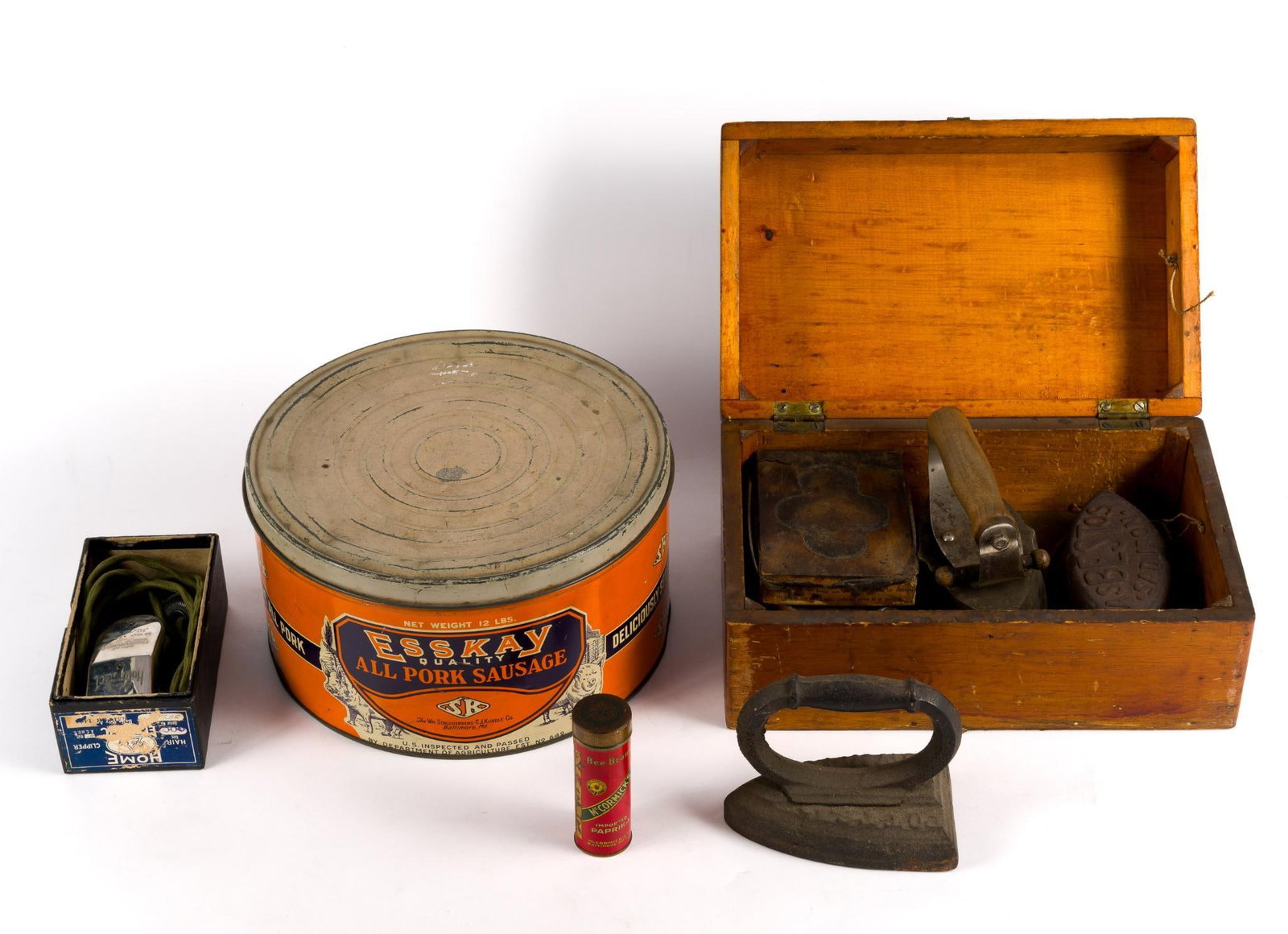 4 Antique Irons & 2 Antique Advertising Containers (1 of 5)