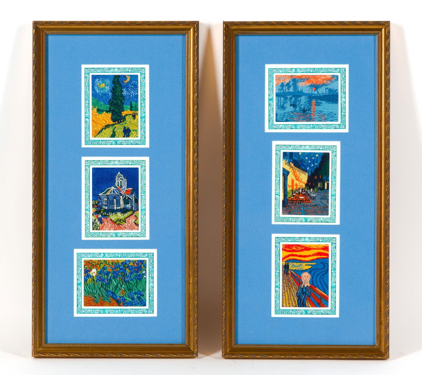 6 Cross-Stitched Classic Art Squares: NOT ELIGIBLE FOR IN-HOUSE SHIPPING: See Terms for Shipping Options. Both 16-1/4" long x 8" wide.