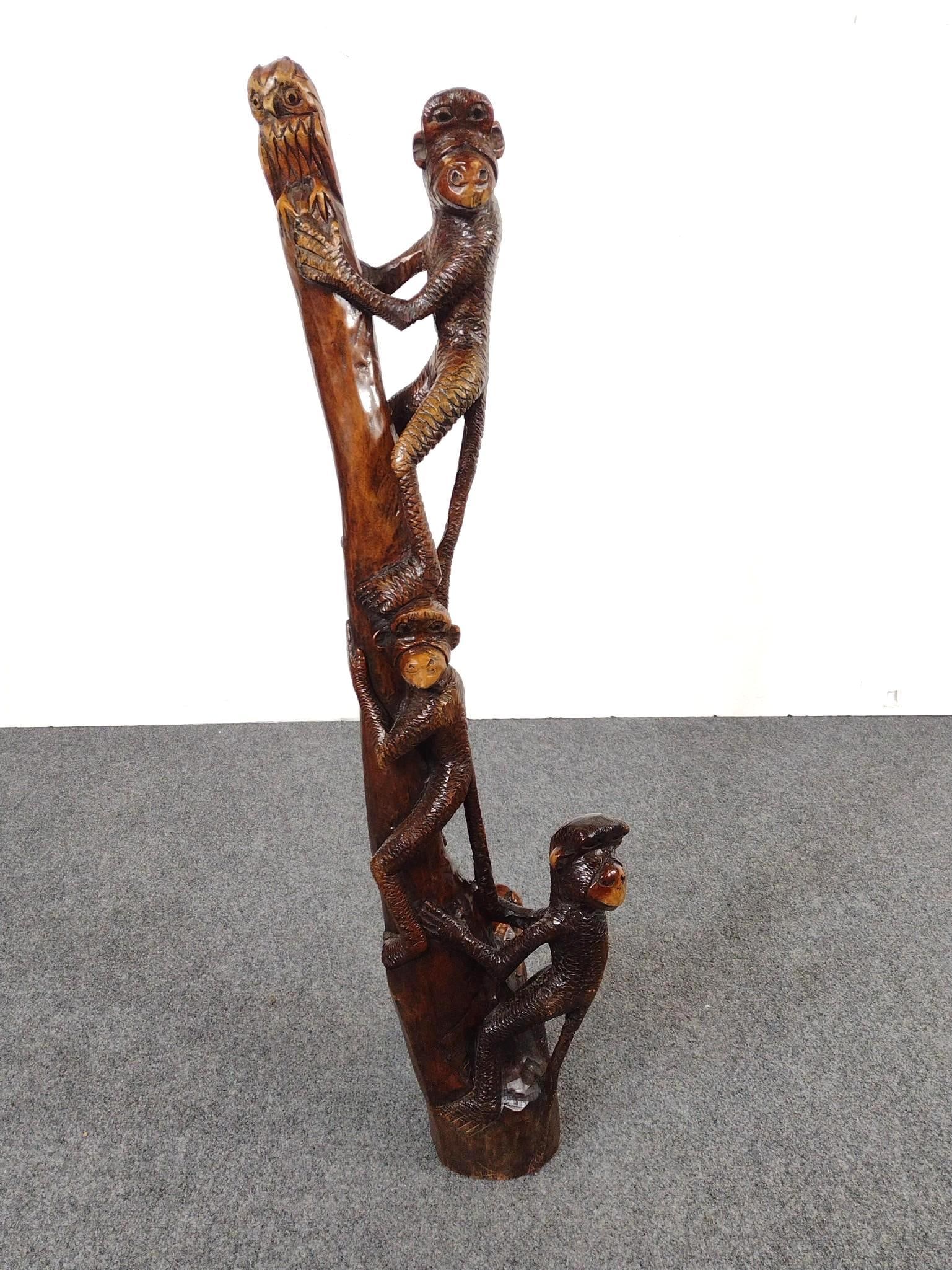 Hand Carved Tree of Life Style Statue with Monkeys (1 of 9)