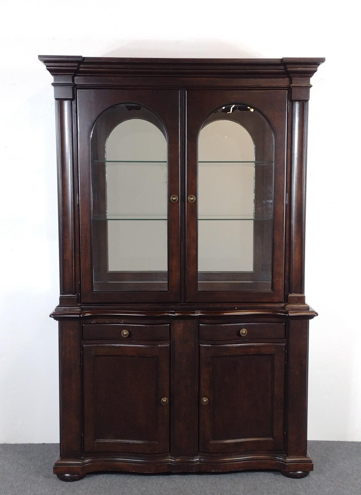 Bernhardt Two Part China Cabinet: NOT ELIGIBLE FOR IN-HOUSE SHIPPING: See Terms for Shipping Options. 56-1/2" wide X 19" deep X 87" high. Has some light scratches.