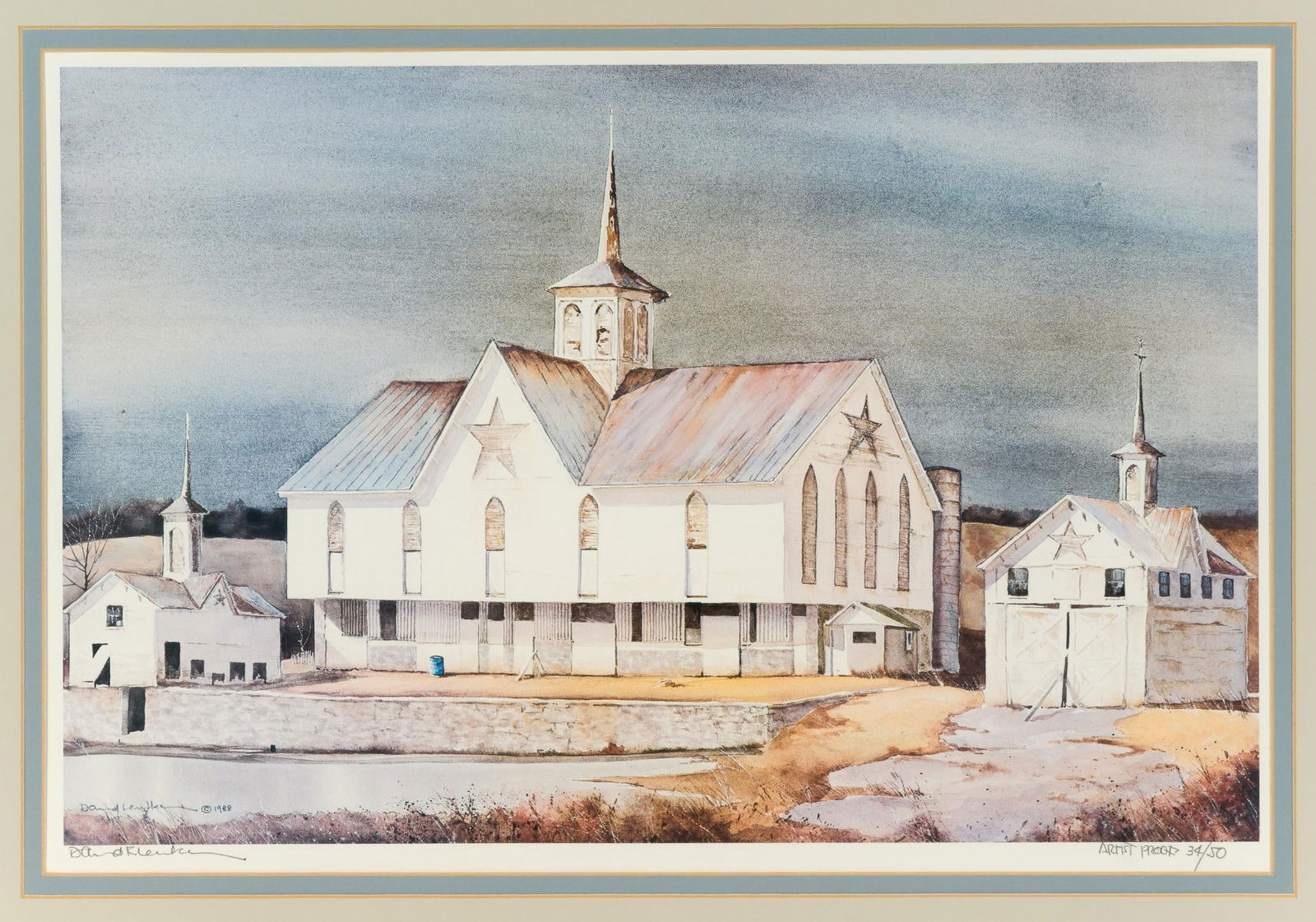 David Lenker (1917-2009, Linglestown PA) Artist Proof Star Barn: NOT ELIGIBLE FOR IN-HOUSE SHIPPING: See Terms for Shipping Options. 1988. Signed lower left. Artist proof 34/50. 22-1/2" long x 30" wide.