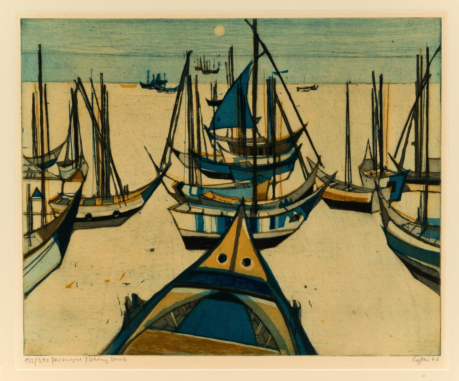 Otto Eglau (German, 1917-1988) "Portuguese Fishing Boats" Color Etching (1 of 5)
