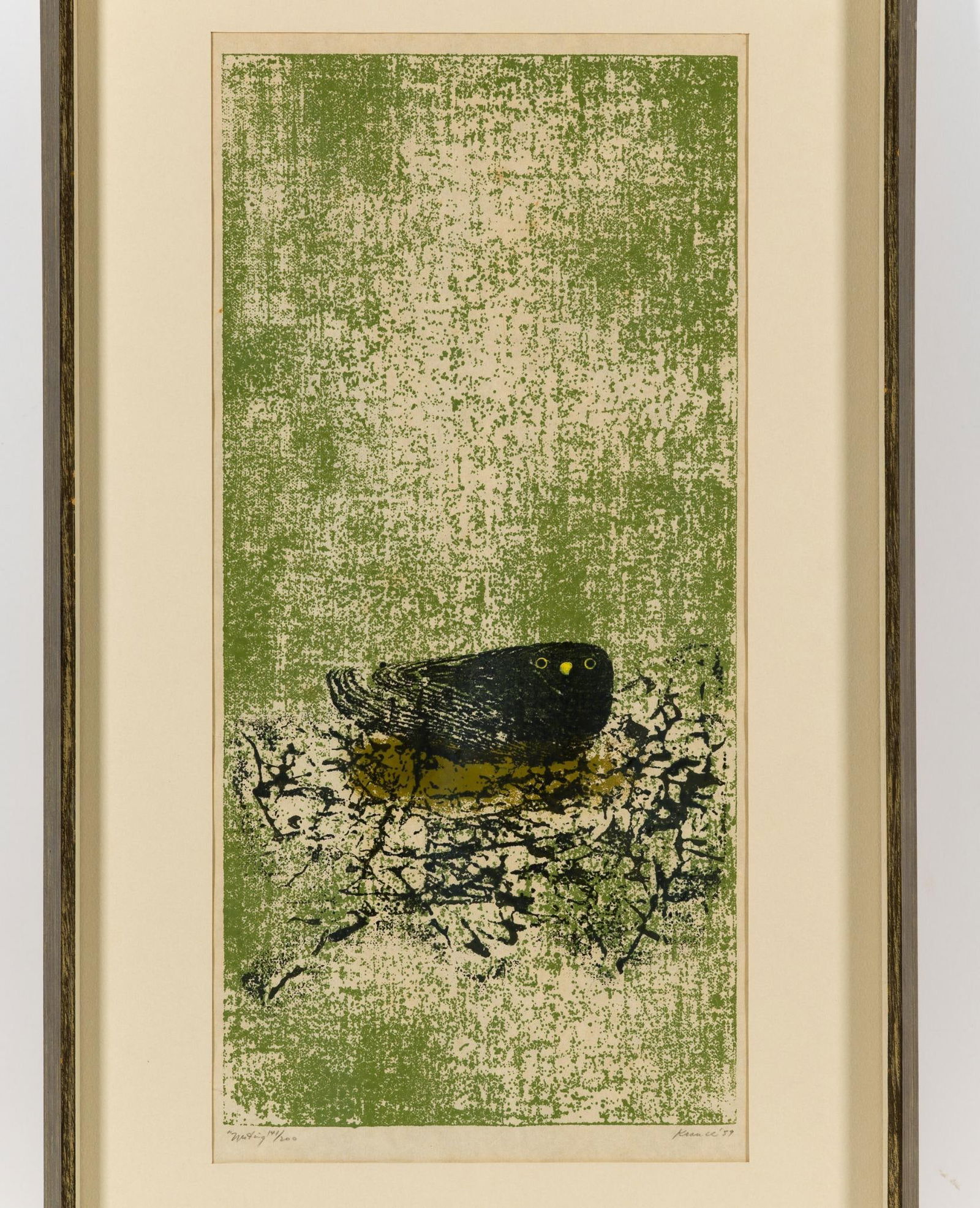 Glen Krause "Nesting" Lithograph: NOT ELIGIBLE FOR IN-HOUSE SHIPPING: See Terms for Shipping Options. 1959. Numbered 141/200. 33" long x 18-3/4" wide.