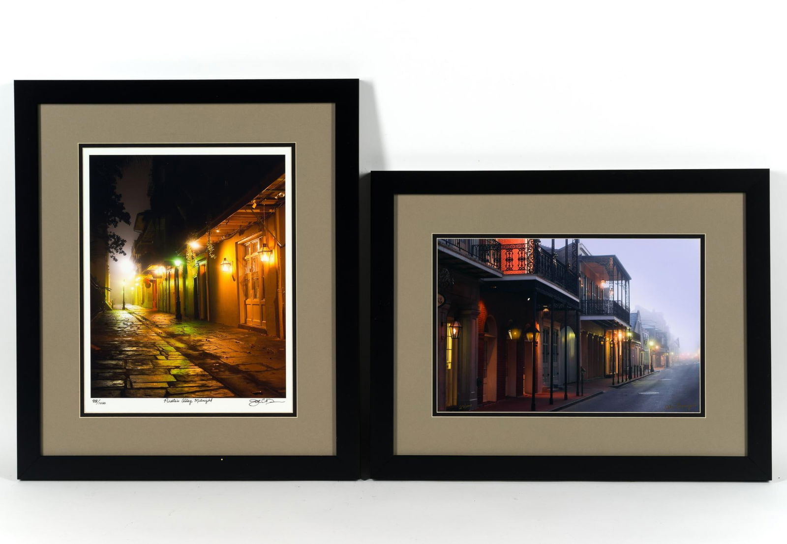 2 Framed Photographs: NOT ELIGIBLE FOR IN-HOUSE SHIPPING: See Terms for Shipping Options. Includes Pirate's Alley. 16" to 20-1/4" long x 16" to 20-1/4" wide.