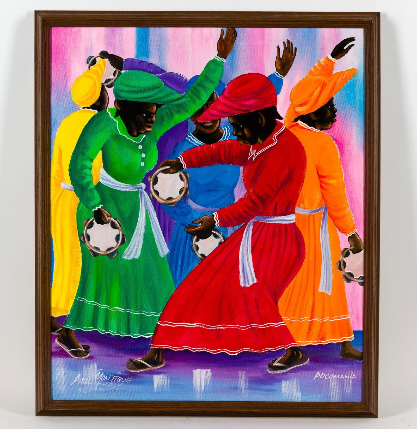 Paul Montique "Pocomania" Painting: NOT ELIGIBLE FOR IN-HOUSE SHIPPING: See Terms for Shipping Options. 28-1/4" long x 24-1/4" wide.