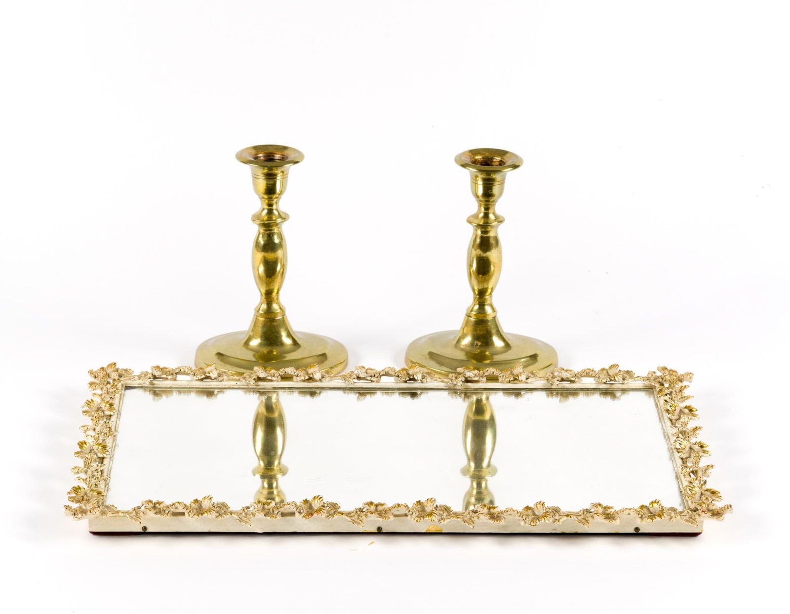 Pr Brass Candlesticks & Mirrored Dresser Tray (1 of 6)