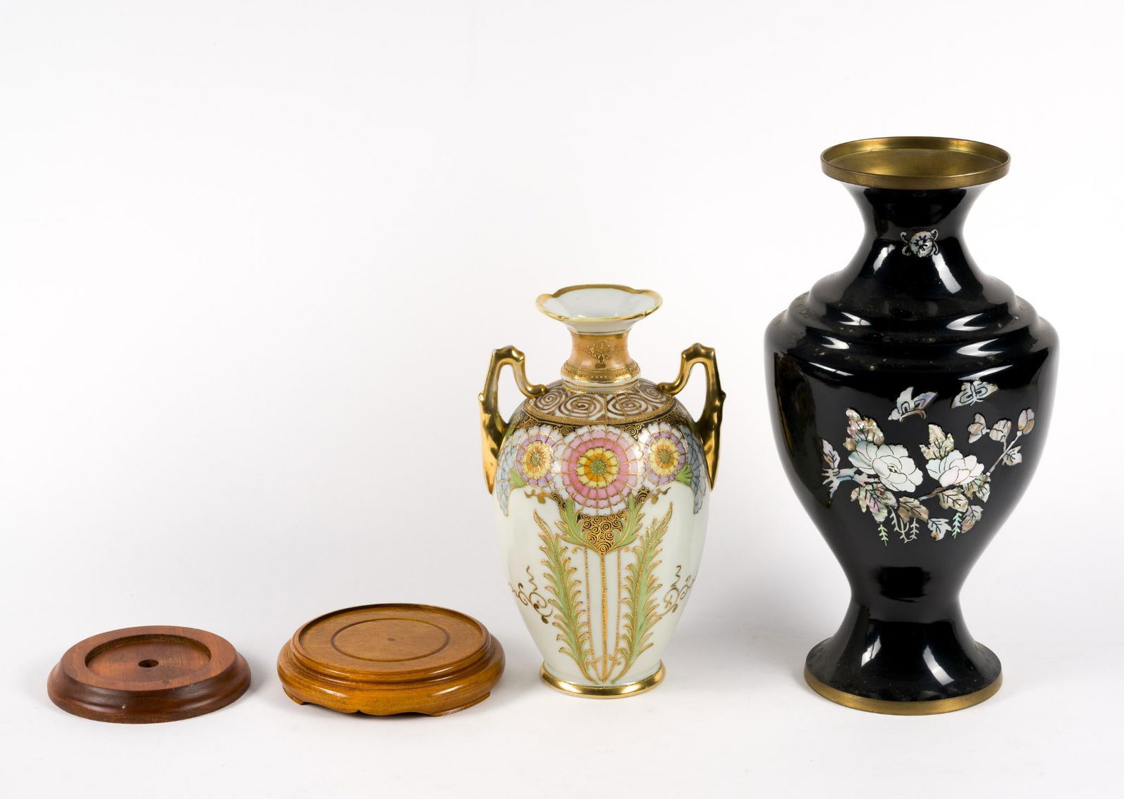 2 Vases Incl Hand Painted Nippon: 5" to 7" diameter X 10" to 13-1/2" high.