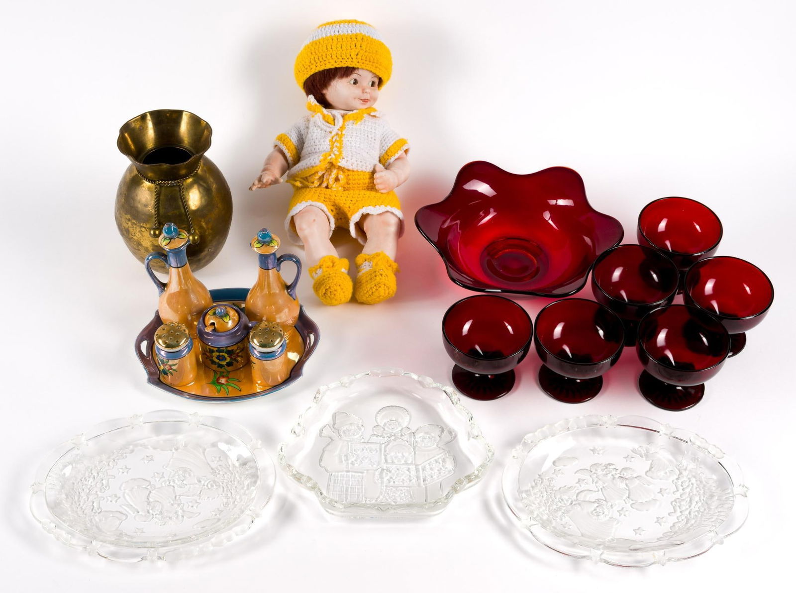 Glassware, Brass Vase, Japanese Lustre, and Doll: Doll 13" high. Brass Vase Marked Sharon Knopie. Brass Vase made in India. 1" to 7" high.