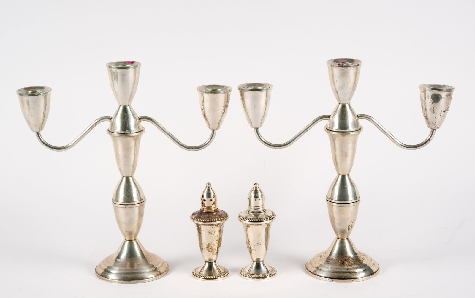 Pair Of Weighted Sterling Candles Sticks, Salt & Pepper: 1-3/4" to 9-1/2" wide X 4-1/2" to 10" high.