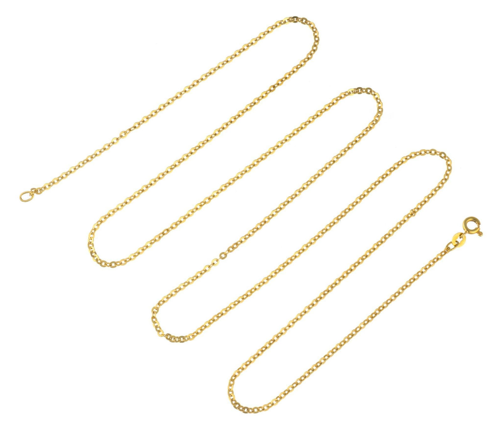 14K Gold Chain Necklace: A 28" flat-link cable chain necklace in yellow gold weighing 5.9 grams.