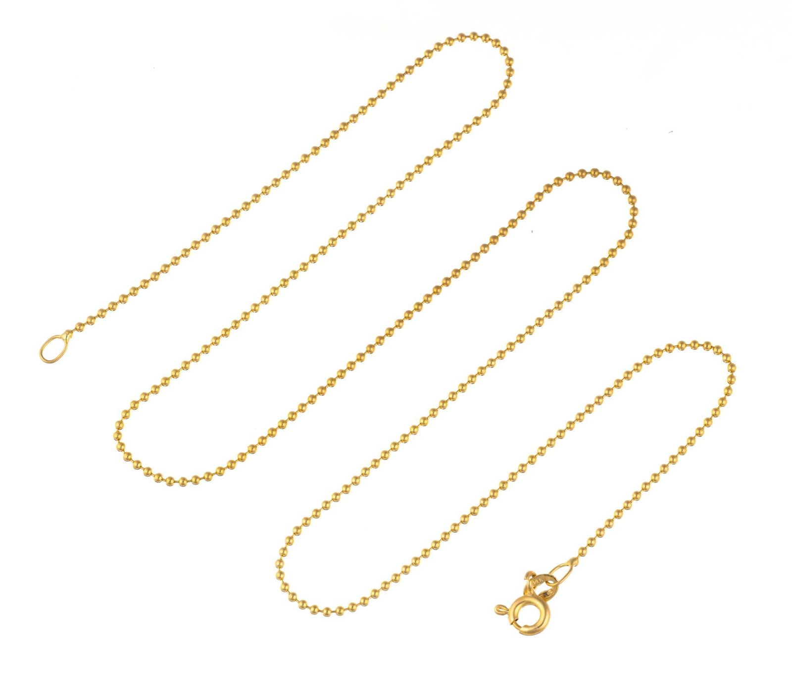 14K Gold Chain Necklace: A delicate bead chain 16", choker length, yellow gold necklace. The weight is 2.1 grams.