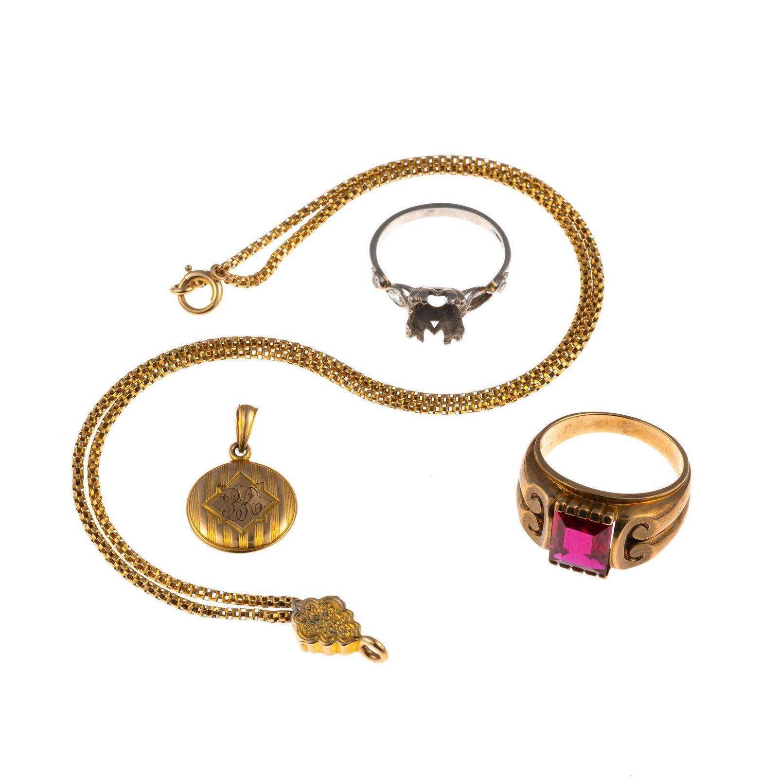 10K Gold And Platinum Jewelry: A platinum ring setting, 3.4 grams. An antique chain necklace testing 14k to the chain but with a 10k clasp (that tests 10k), 4.9 grams. A size 9.5 gemstone ring in 10k, 7.0 grams. A dented hollow