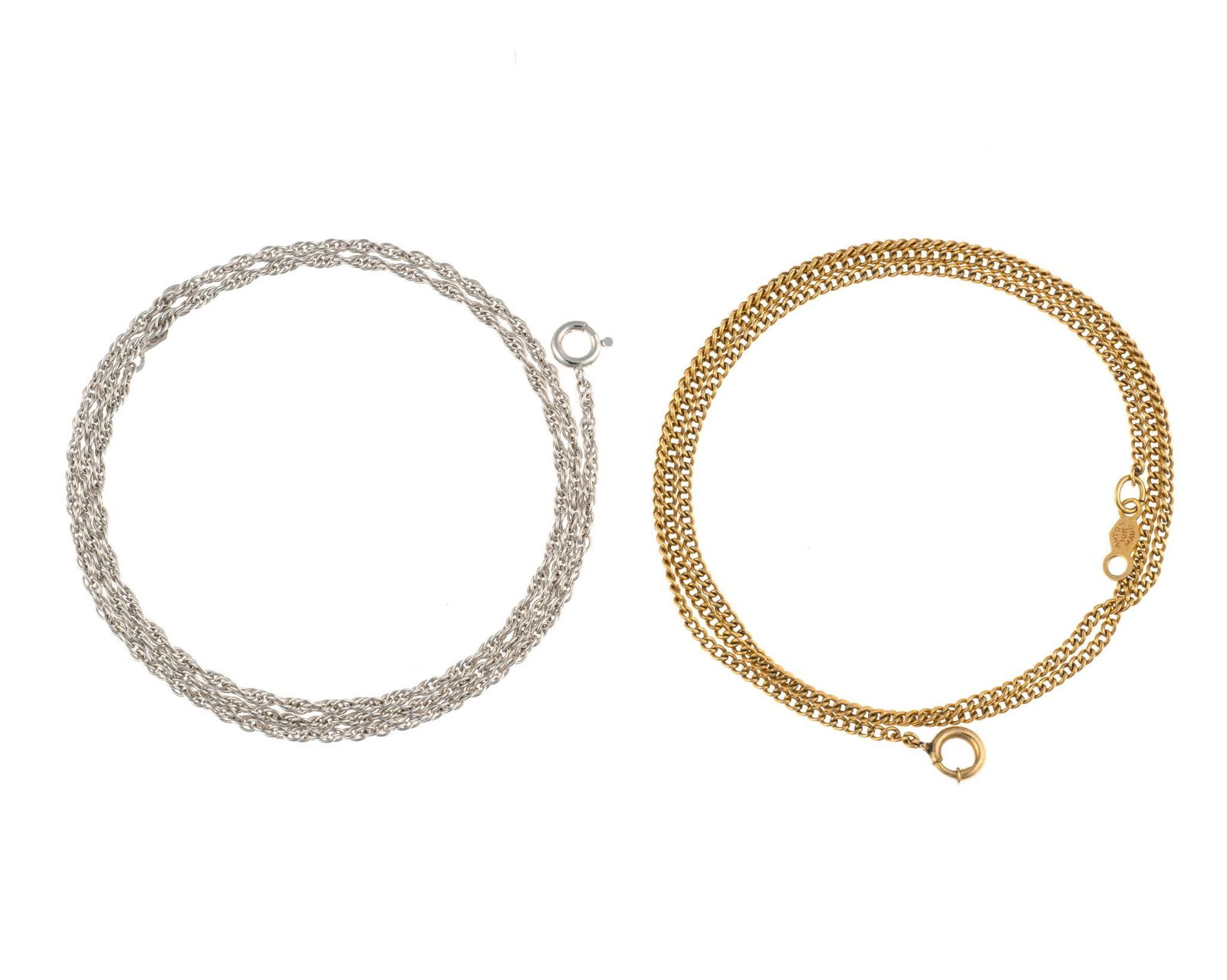 14K and 10K Gold Chain Necklaces: Two delicate 15" chain necklaces. One in 14k white gold, 2.1 grams, and one in 10k yellow gold, 1.8 grams.