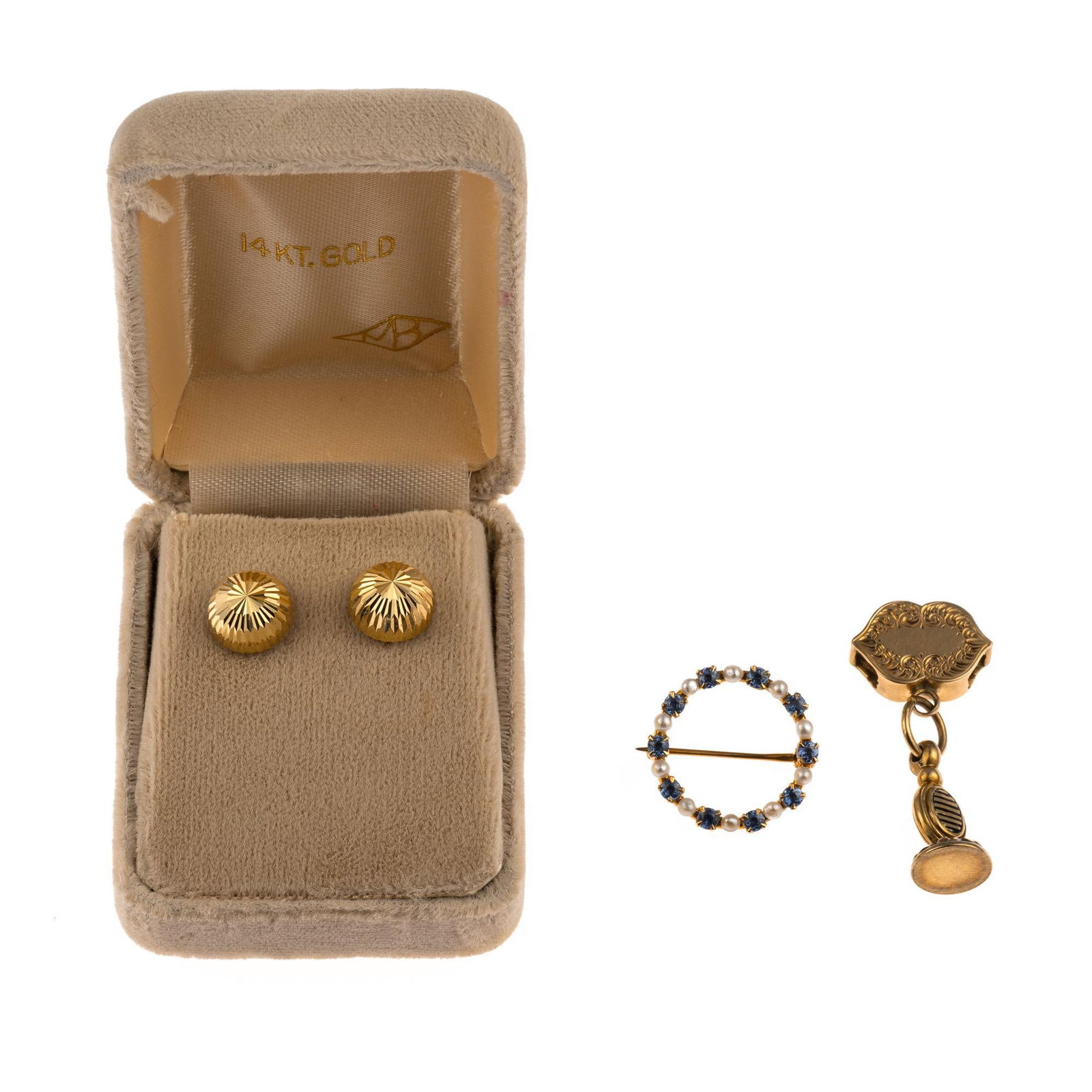 14K Gold Earrings, Brooch, Slide: The earrings are studs 3/8" diameter. The brooch is 3/4" diameter seed pearl and sapphire. There is also an antique slide. Total weight is 8.3 grams.
