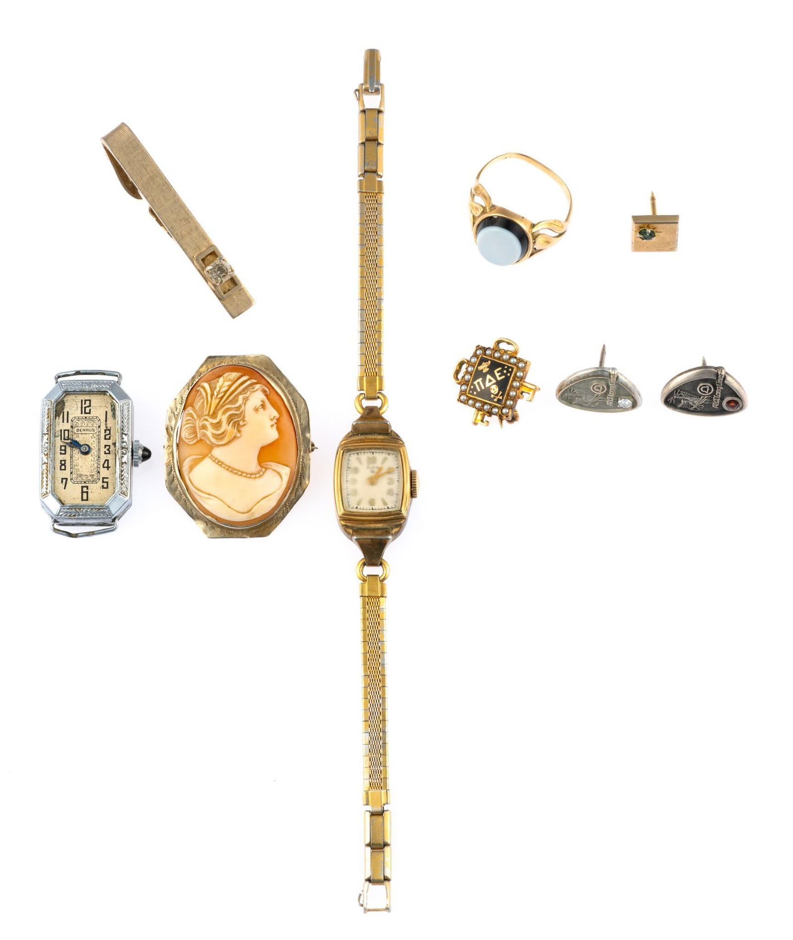 Antique and Vintage Gold Jewelry: A cameo brooch marked 14k (4.9 grams). A cameo ring testing 14k (3.0 grams). A journalism fraternity pin in 10k gold (3.5 grams). A Benrus 1920's white gold wrist watch "14k gold supported by metal",