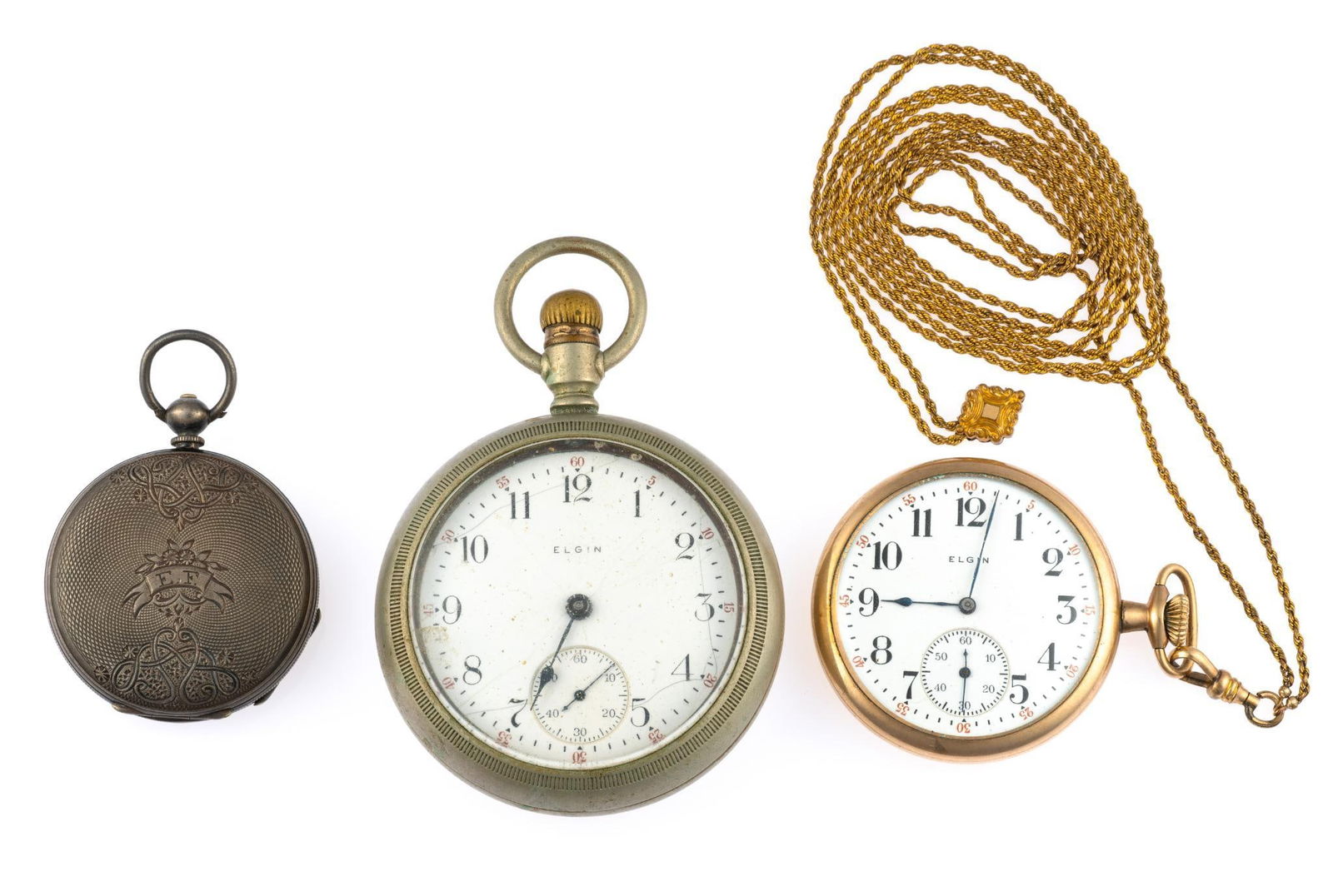 Three Pocket Watches incl Elgin: Two Elgin and one Perret pocket watch, gold filled, silver plated. The gold filled open face Elgin runs but not reliably.