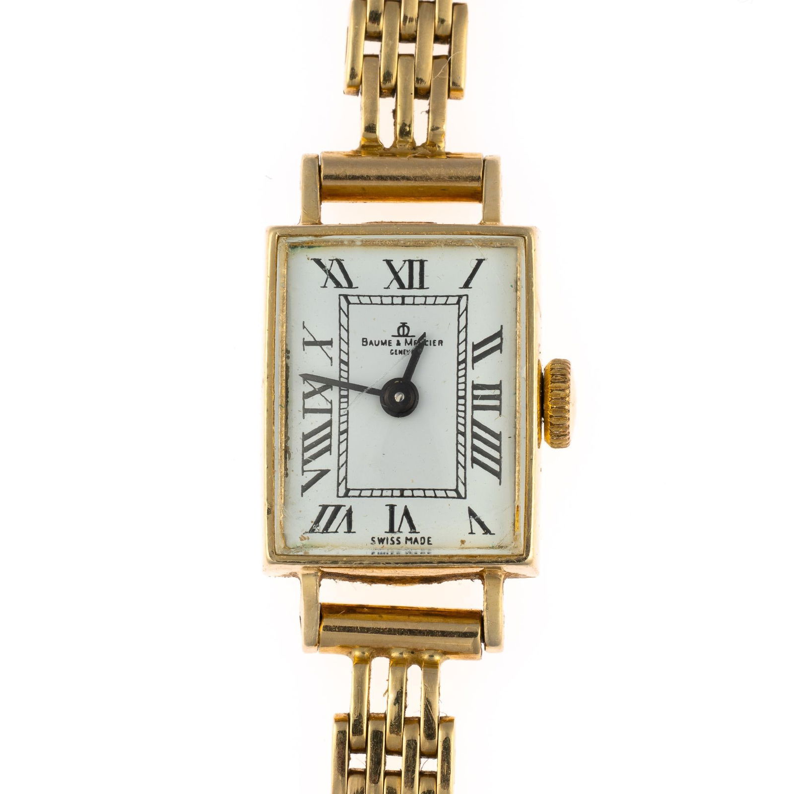 14K Gold Baum & Mercier Wrist Watch: A vintage manual wind Baum & Mercier rectangular watch. The watch head is 14k yellow gold and it is on an Italian 14k yellow gold bracelet with 7" length. The watch sets, runs and keeps time but has