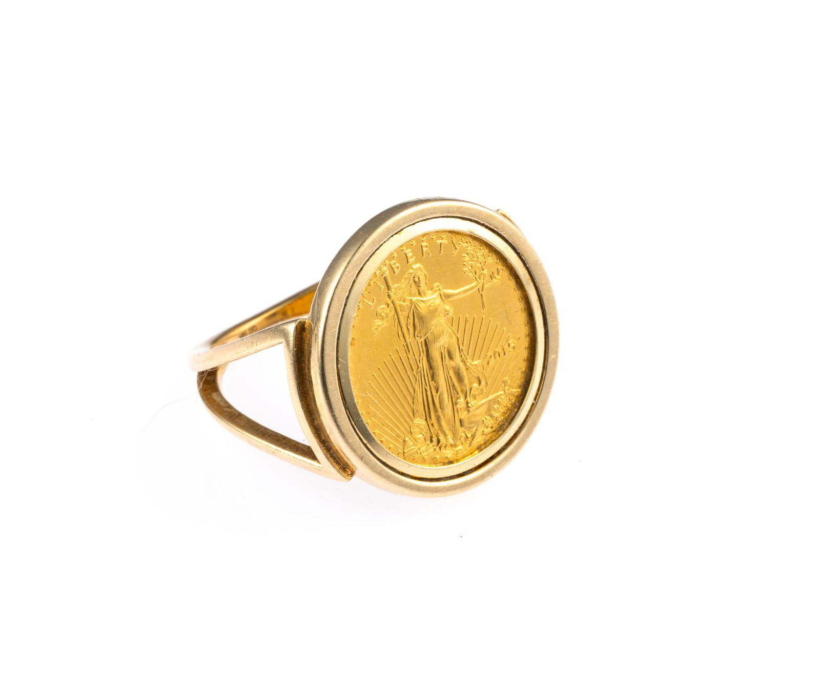 14K Gold Ring with Gold Eagle Coin: Size 7.5 ring with $5 American Eagle 2015 1/10 Ounce pure gold coin, 7.8 grams total weight.