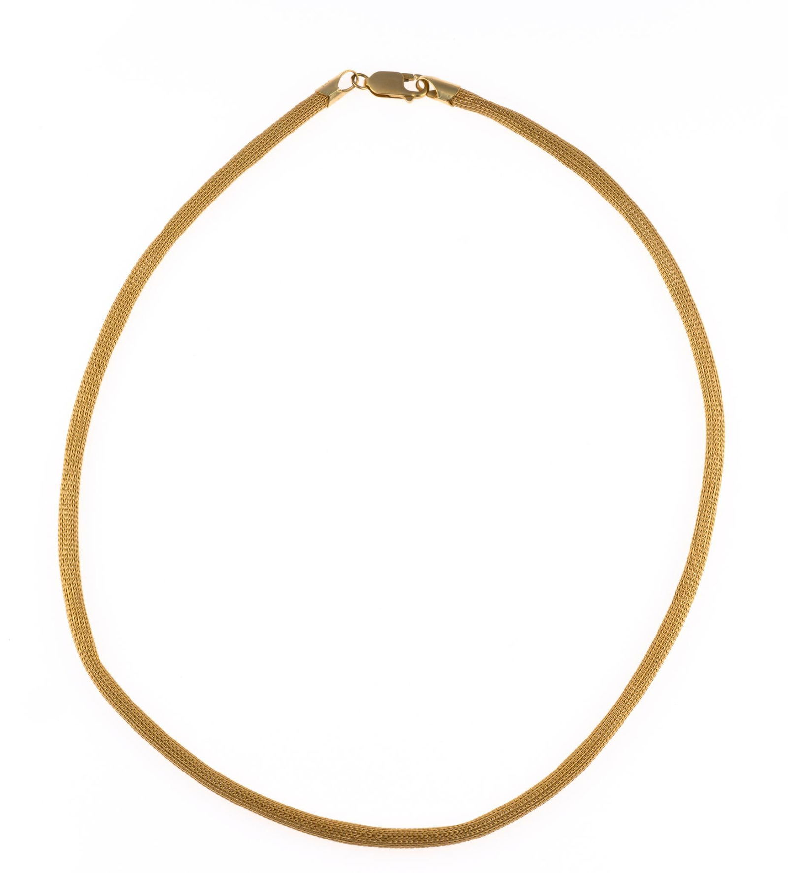 14K Gold Necklace: A mesh rope chain necklace in yellow gold, 17 3/4" length. The mesh has slight deformations. The weight is 14.8 grams.