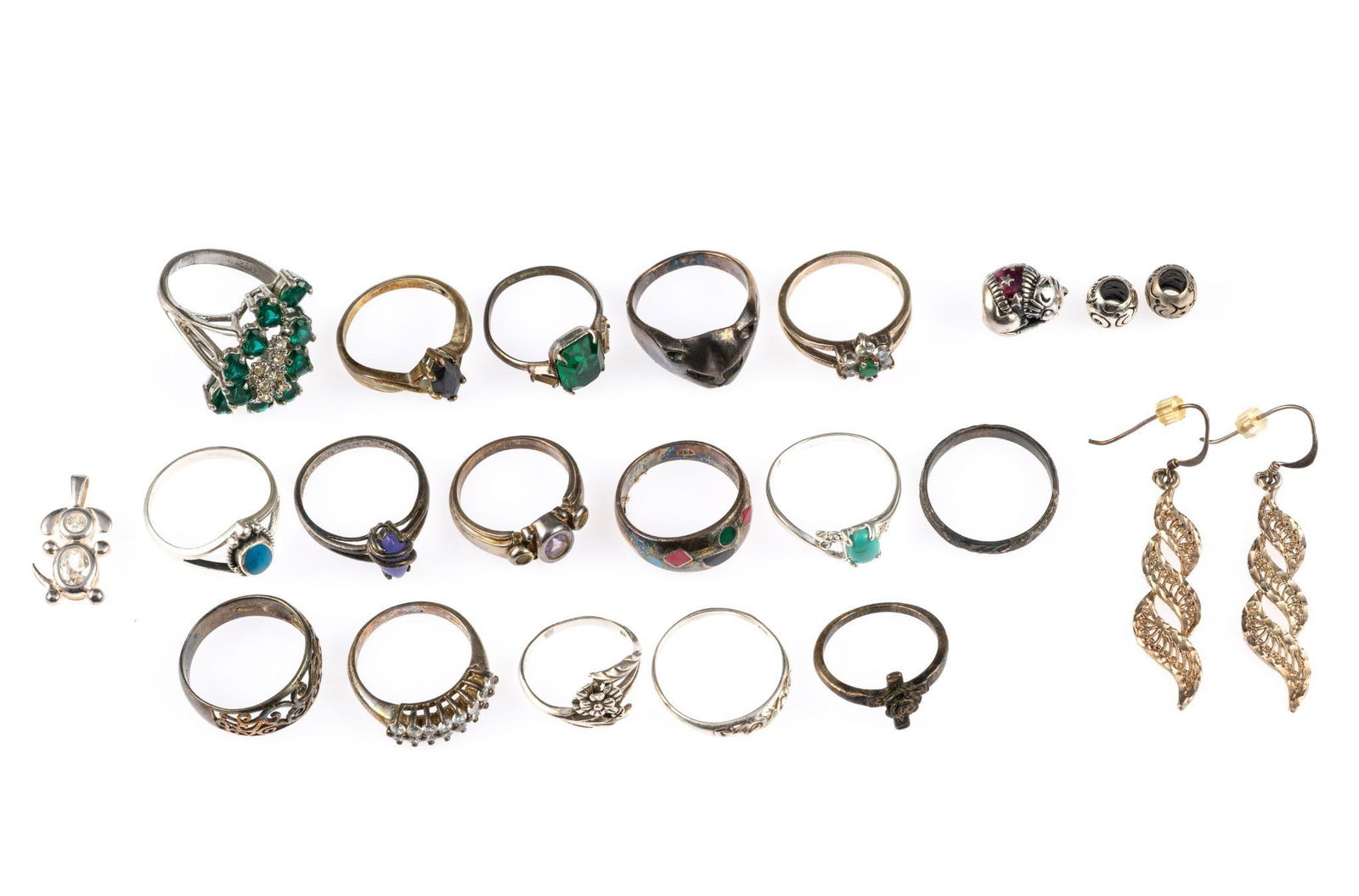 20 Pcs Sterling Silver Jewelry: All marked. Rings 5.5 to 9. 2.02 ozt total.