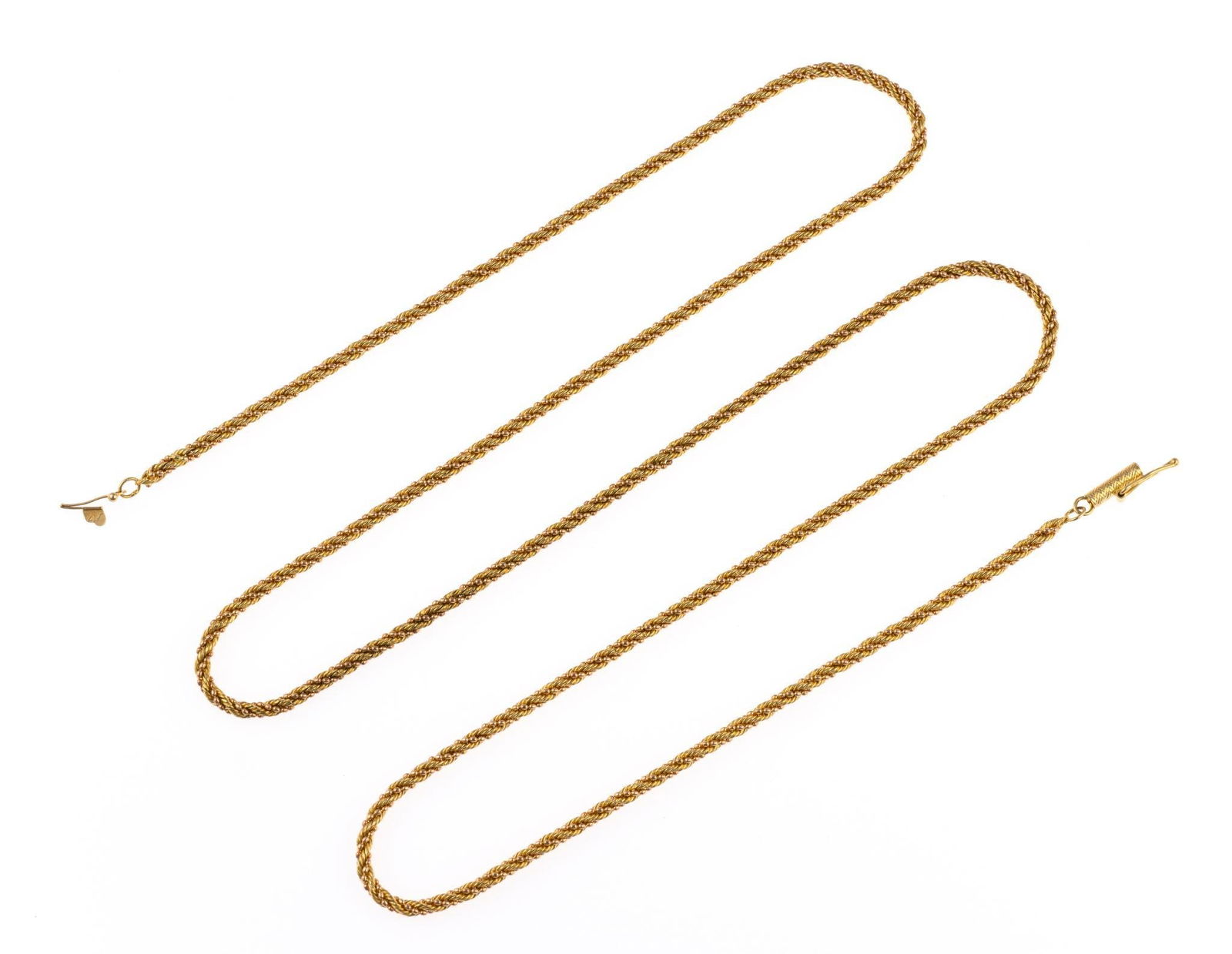 10K Gold Chain Necklace: An 25" length yellow and rose gold French rope chain necklace with weight of 6.4 grams.