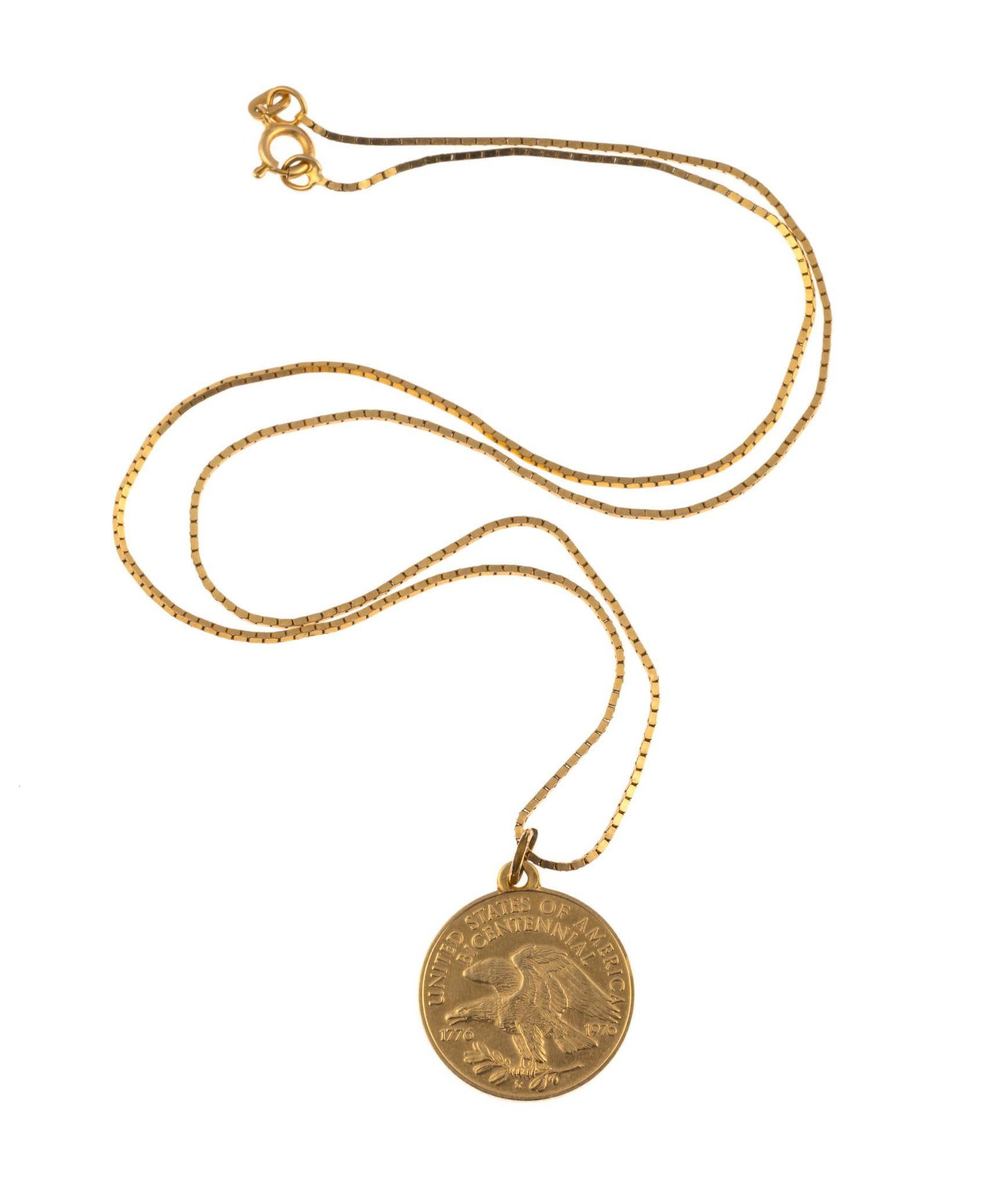 14K Gold Pendant Necklace: 18" long box chain necklace with gold bicentennial token all 14k gold. 5.7 grams.