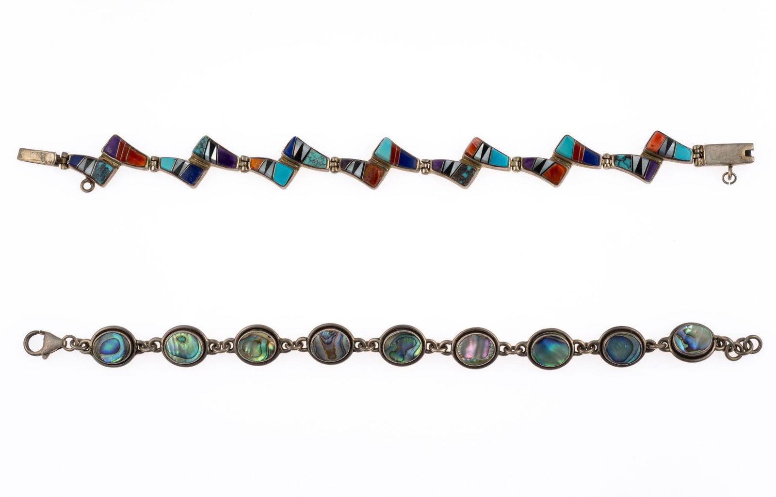 2 Sterling Silver Bracelets incl Inlaid: 8" long. Both marked. 1.18 ozt total.