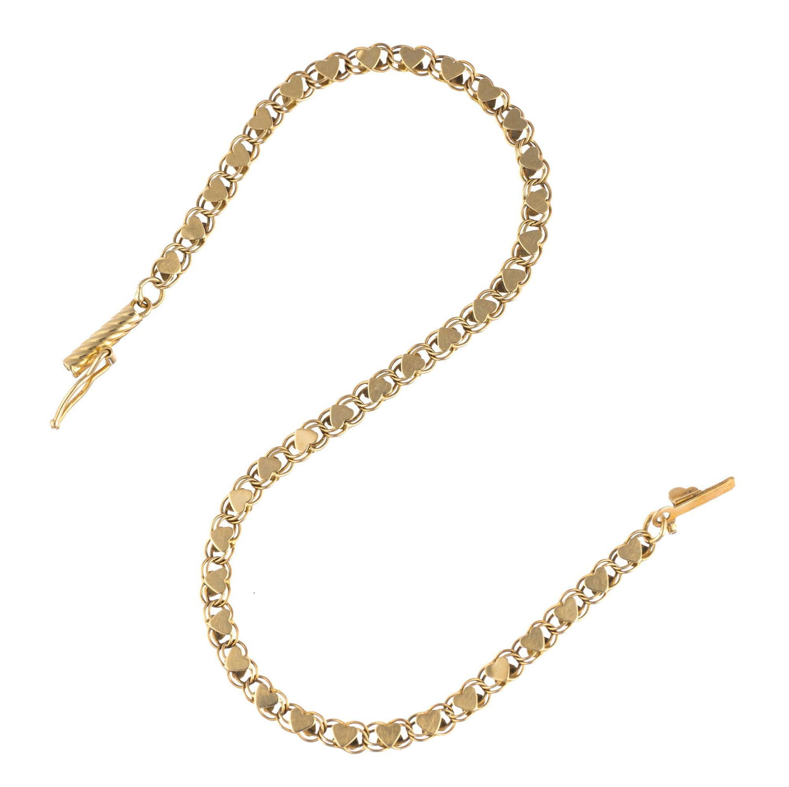 14K Gold Chain Bracelet: 7 1/4" bracelet with a hearts pattern chain. The weight is 3.0 grams.