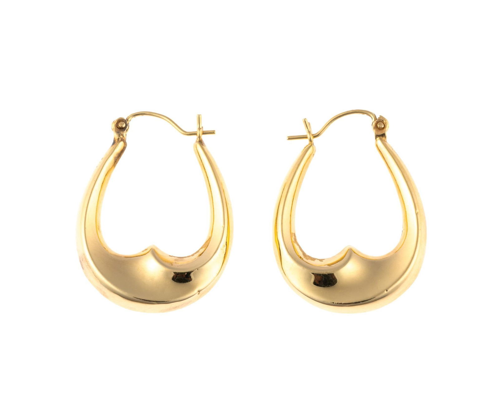 14K Gold Hoop Earrings: Wave-form hoops for pierced ears in yellow gold. The length is 1 1/8" and weight is 2.4 grams.