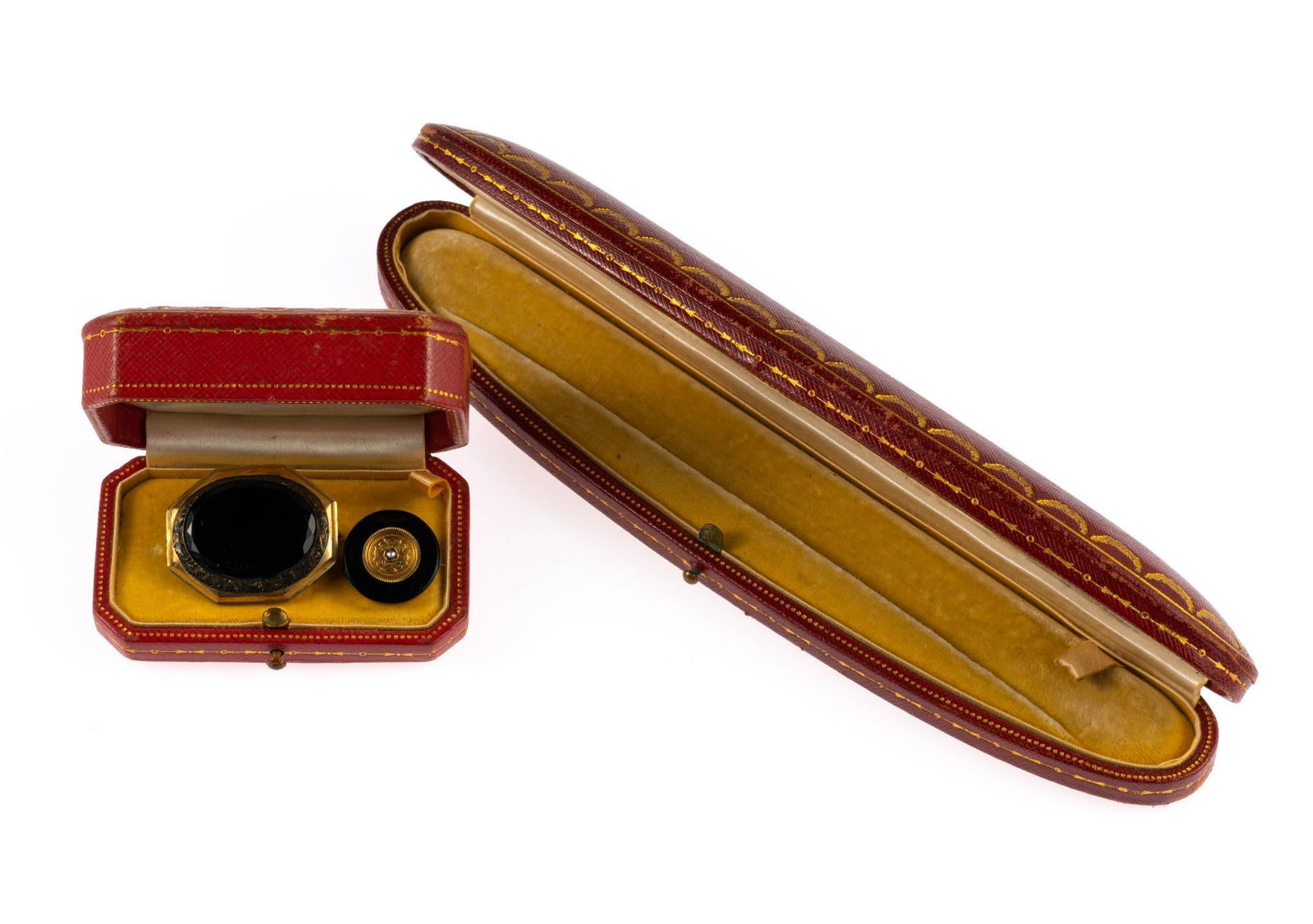 14K GF/18K Mourning Jewelry and Antique Cartier Boxes: Two authentic antique Cartier Jewelry boxes. One is an 8 5/8" curved-front box for a Cartier bracelet and the second a 3" length box for a brooch. Both are from the 1920's. These are not related to