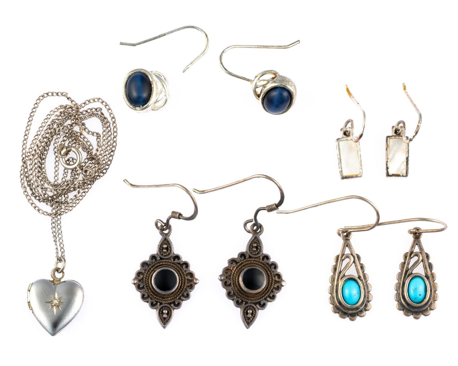Sterling Silver Earrings and Pendant Necklace: Four pairs of earrings for pierced ears include turquoise, mother of pearl, and onyx. The necklace with non-silver heart locket is 19" length. Weight is 0.4 troy ounces not including the heart locket.
