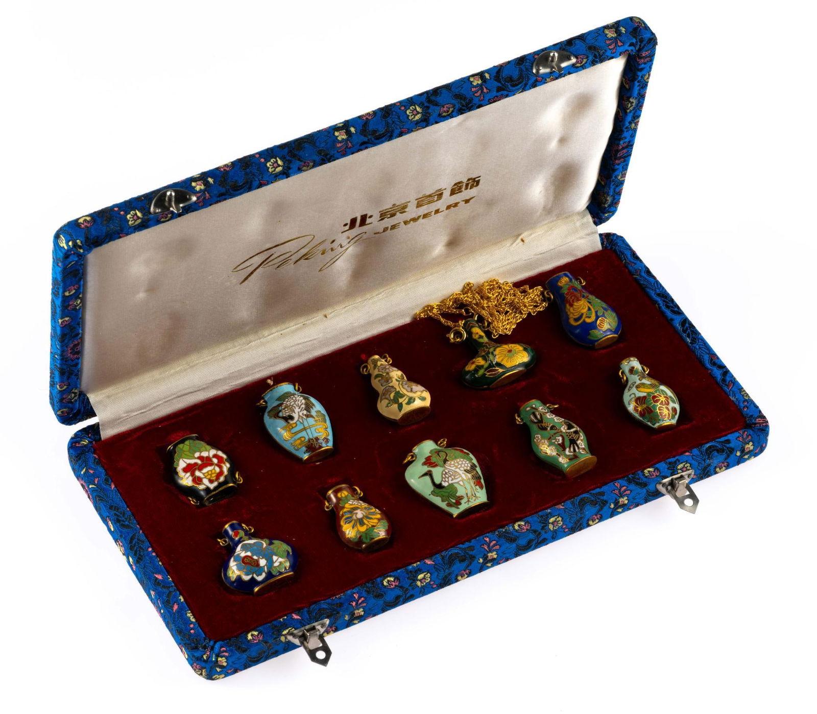 Set of 10 Peking Jewelry Chinese Cloisonne Enameled Vase Pendants: With chain. Pendants measure 3/4" to 1-1/4" wide x 1" to 1-1/4" long. Box measures 9-1/4" wide x 1" high.