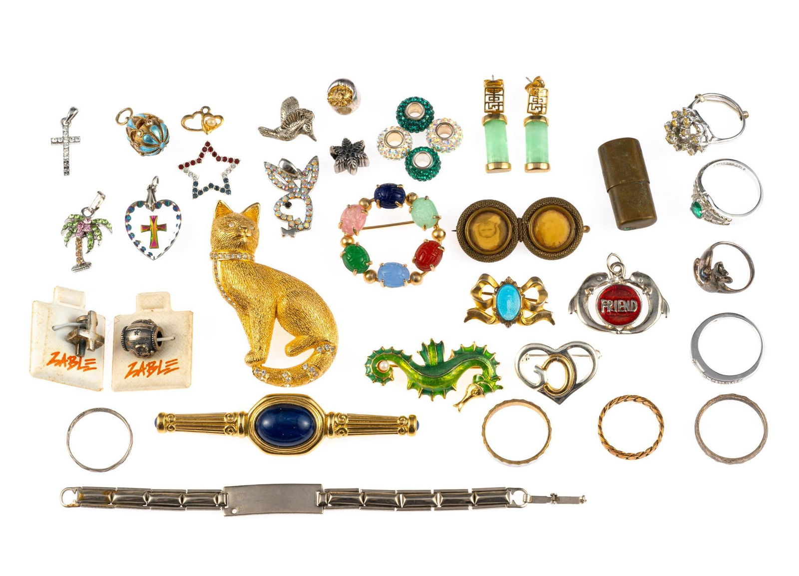 Vintage Sterling and Costume Jewelry: Also includes rings, charms, and more. Brooches measure 1-1/8" to 1-1/2" wide x 3/4" to 2-1/2" long.