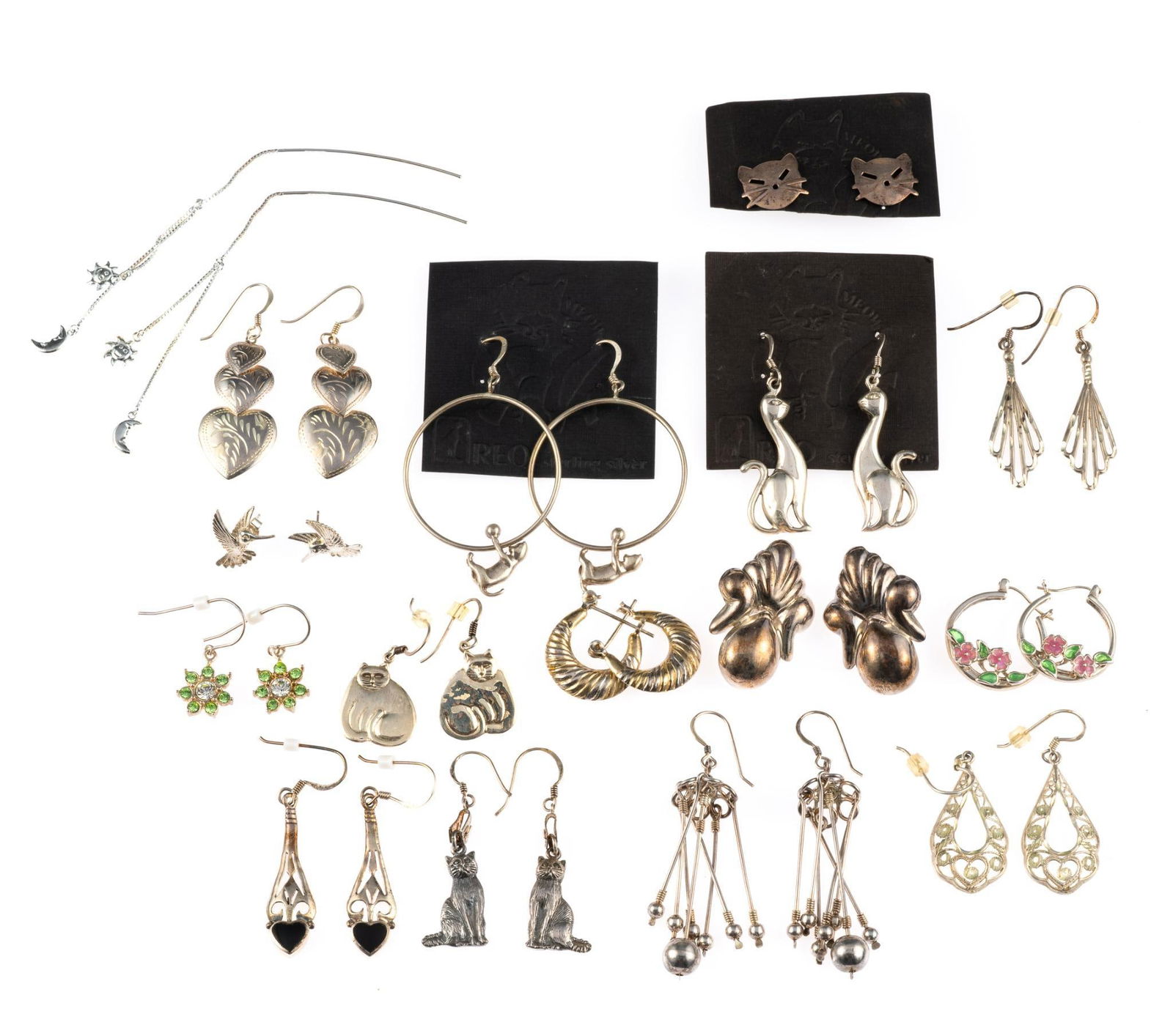 15 Prs. Sterling Silver Earrings: All marked. 3/4" to 2-1/4" long. 1.99 ozt.