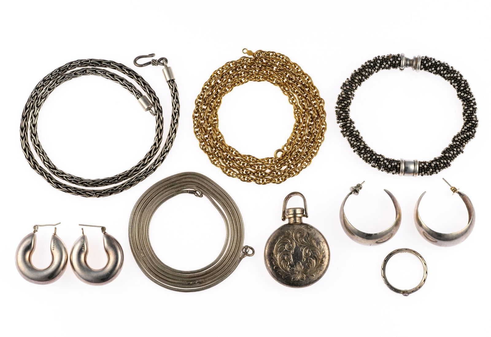 Earrings and Necklaces incl Sterling Silver: One 36" chain necklace, one 18" chain necklace, two pairs of earrings, a ring and an antique perfume vial all in sterling silver. One bead design bracelet unmarked and one chain necklace is gold