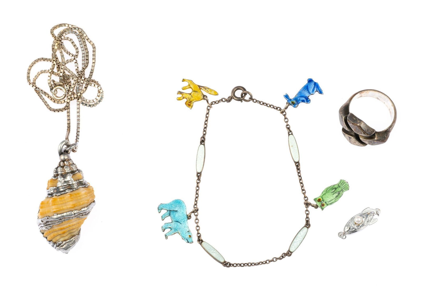 4 Pcs Sterling Silver Jewelry incl Vintage Enamel Charm Bracelet: Charm bracelet features enamel animal charms. All marked. 1.21 ozt total.