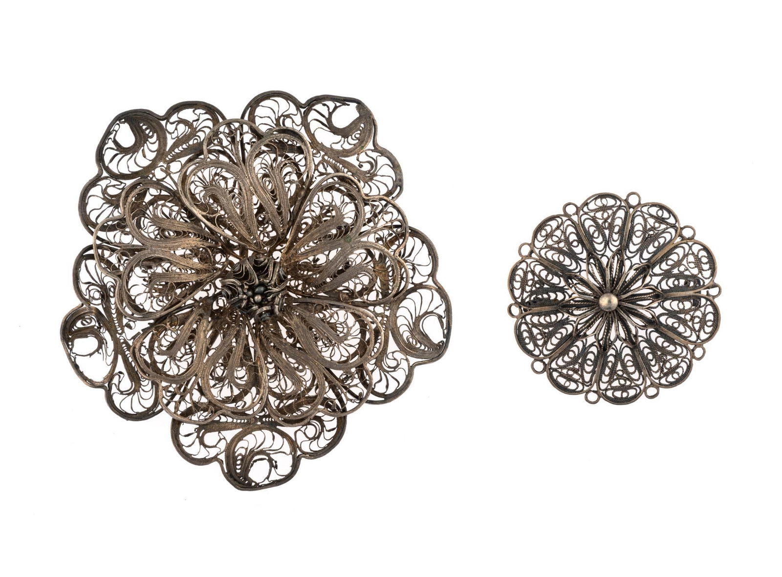 2 Pcs Silver Filigree Jewelry: 1-1/2" to 2-1/2" wide x 1-1/2" to 2-1/2" long.