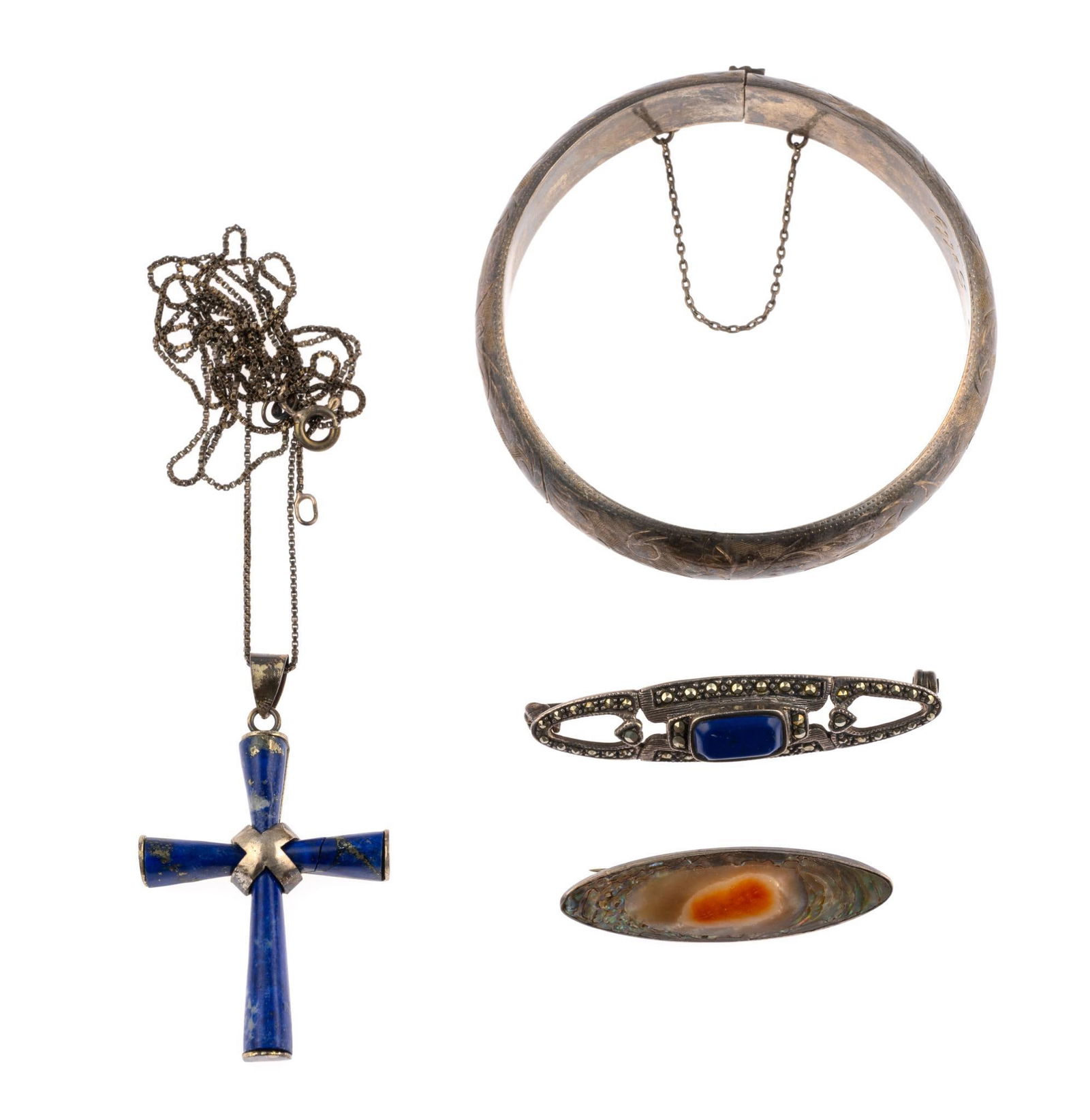 4 Pcs Sterling Silver Jewelry: All marked. Total 1.20 ozt.