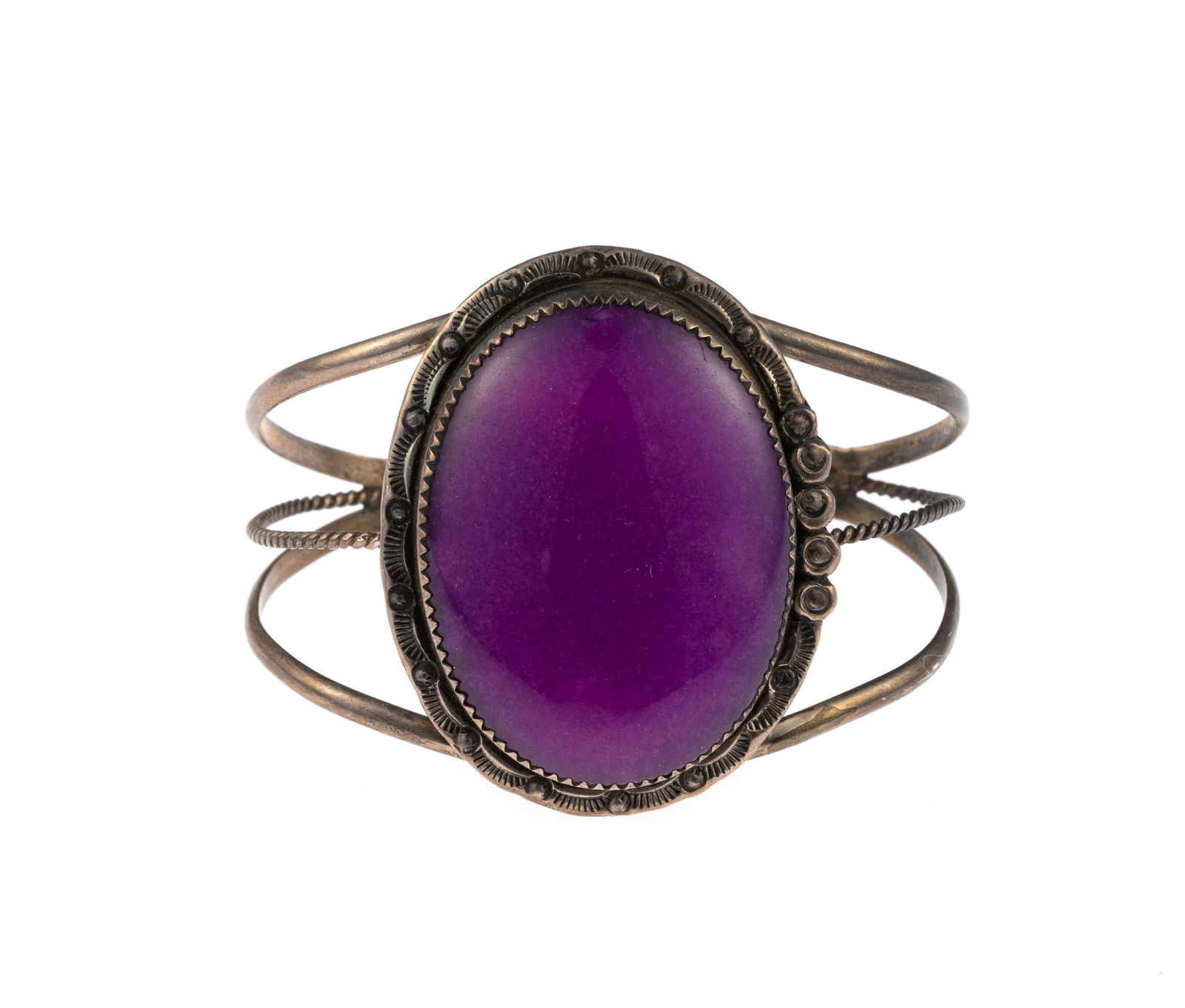 Sterling Silver and Sugilite Cuff Bracelet: Marked. 2-3/8" inside diameter. 1.07 ozt total.