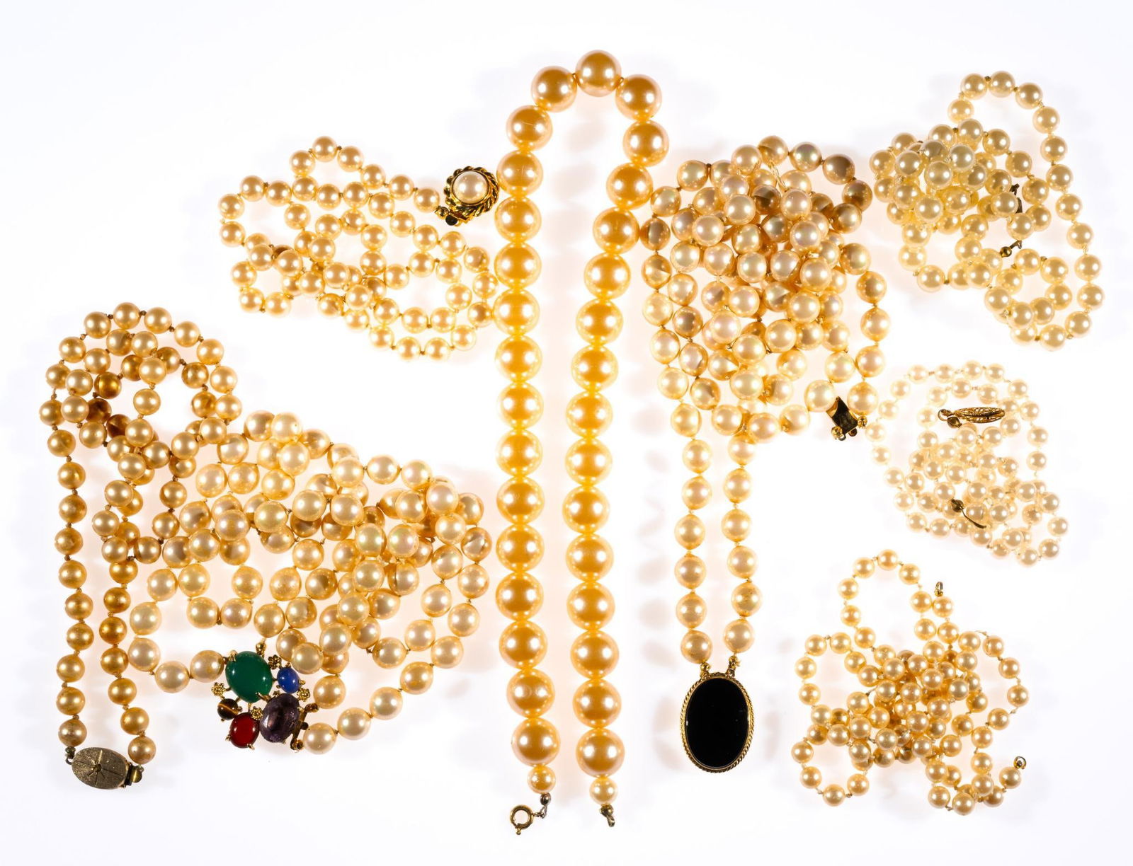 8 Faux Pearl Necklaces: 18" to 21-3/4" long.