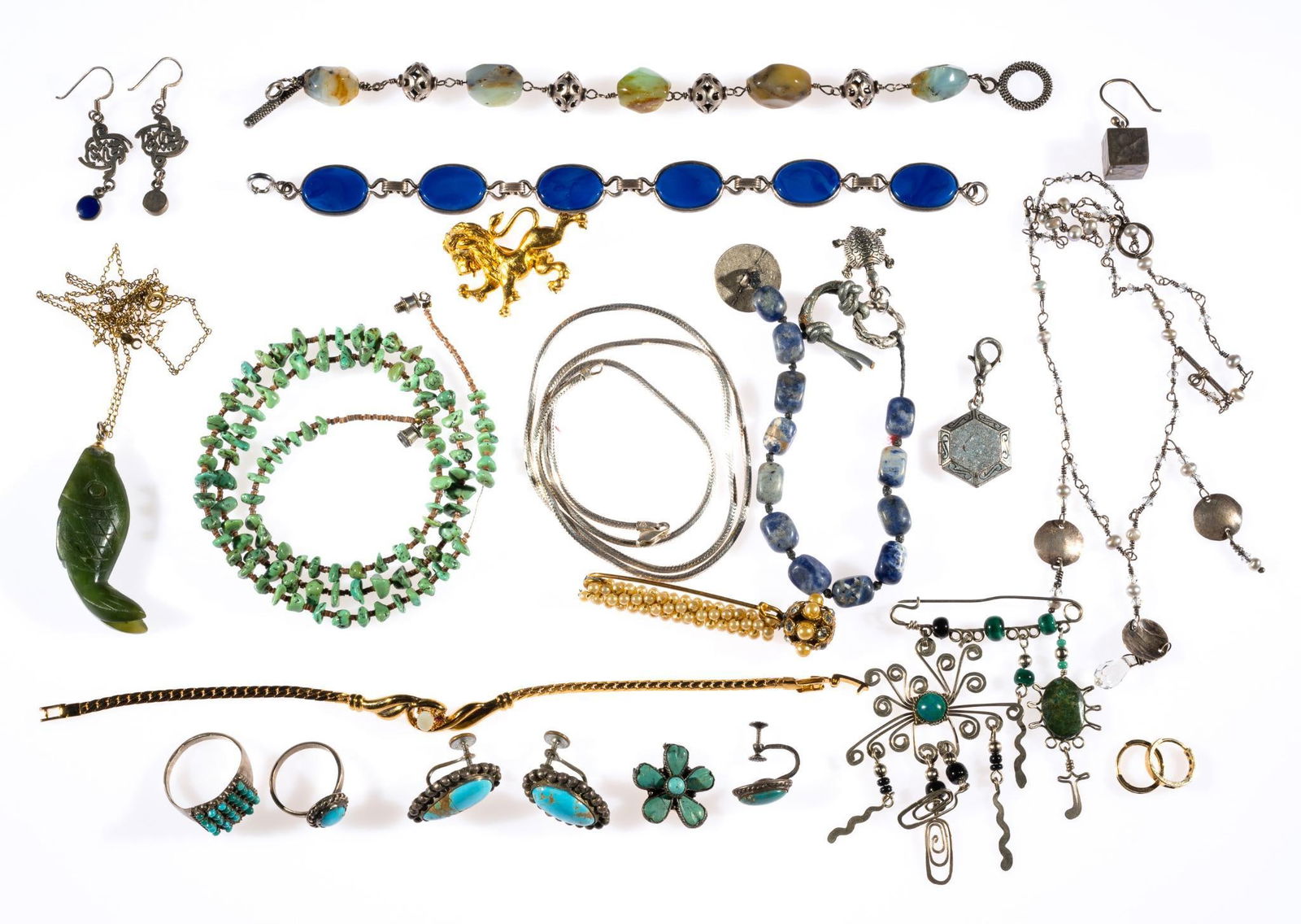 24 Pcs Silver and Costume Jewelry: Bracelets measure 7" to 8-1/4" long.