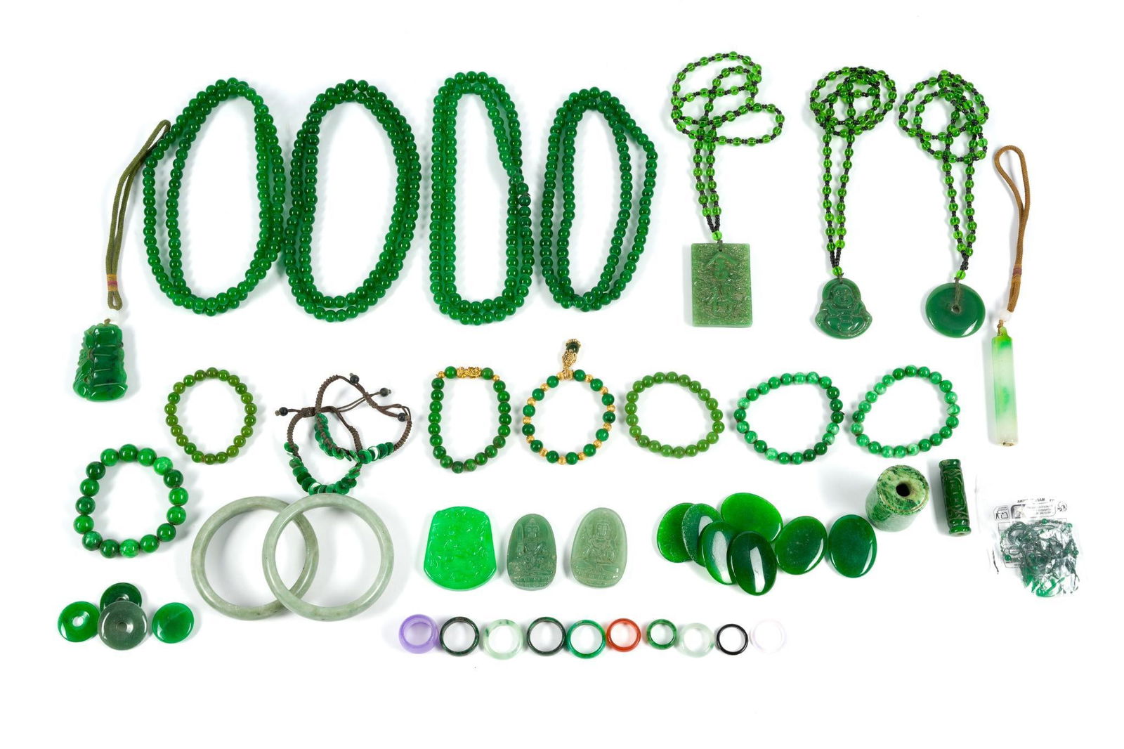 46 Pcs Jade and Carved Stone Jewelry: Rings size 4.5 to 8.