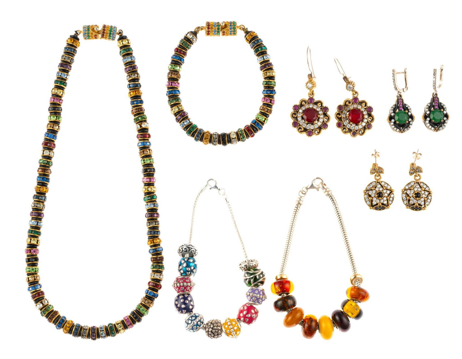 Les Bernard, Pandora Style, and Turkish Sterling Jewelry: Matching Les Bernard 15" necklace and 7" bracelet. Two sterling silver cable bracelets with beads in the manner of Pandora (marked sterling but unsigned). Three pairs of earrings, two are marked