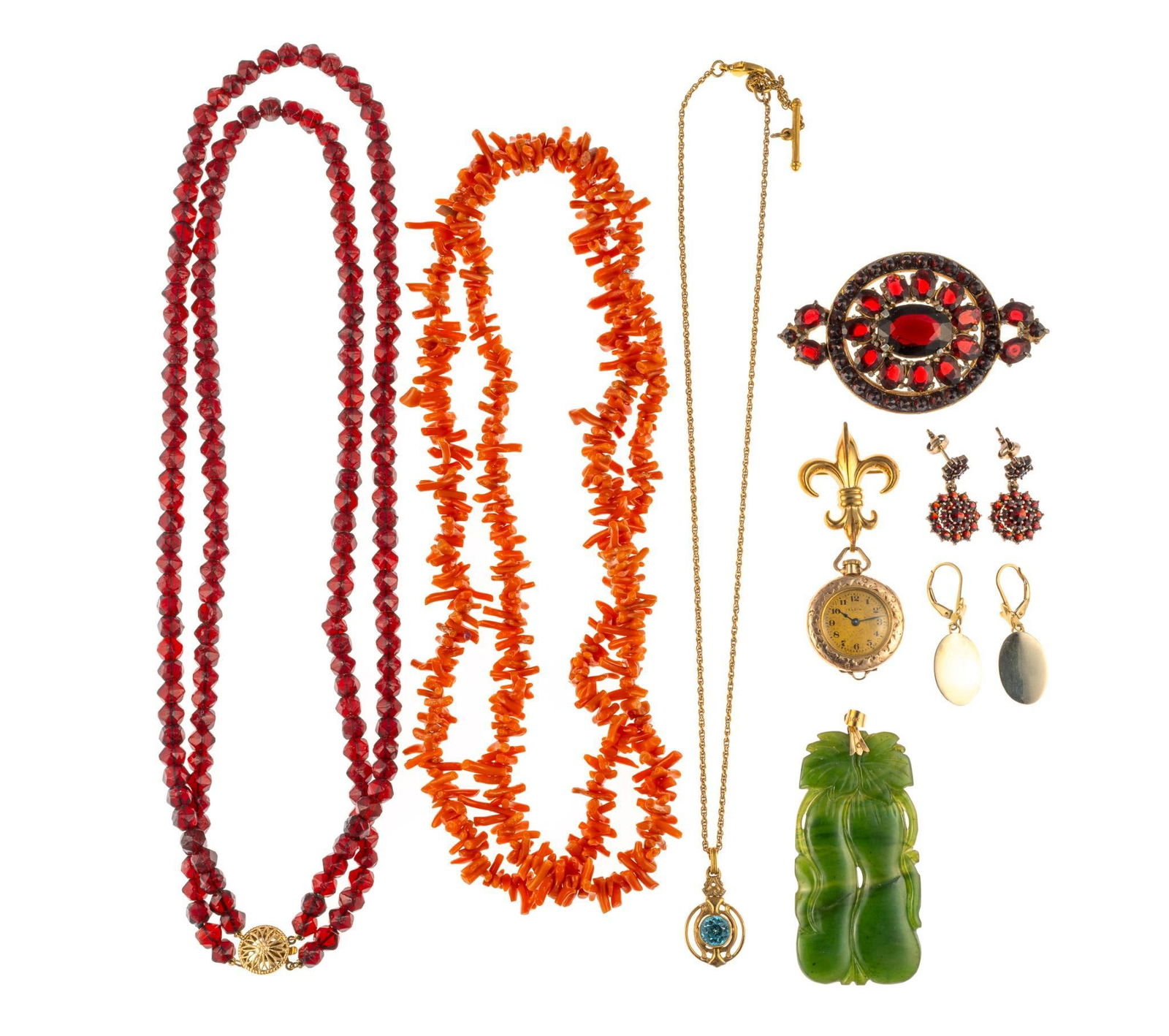 Vintage Jewelry incl Coral Necklace, 14K Gold and Jade Pendant: A coral brach necklace 32" in length. Matching antique costume jewelry necklace brooch and earrings. A 2 3/8" jade pendant with 14k gold bail. Gold filled earrings and chain and pendant necklace.