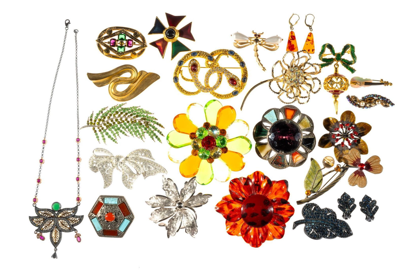Costume Jewelry incl Signed: The jewelry includes Sarah Coventry gold and rhinestone flower brooch, Ann Klein brooch, Kramer silver flower brooch, Two Miracle Scottish revival kilt pins, Kenneth Lane gold and rhinestone serpents
