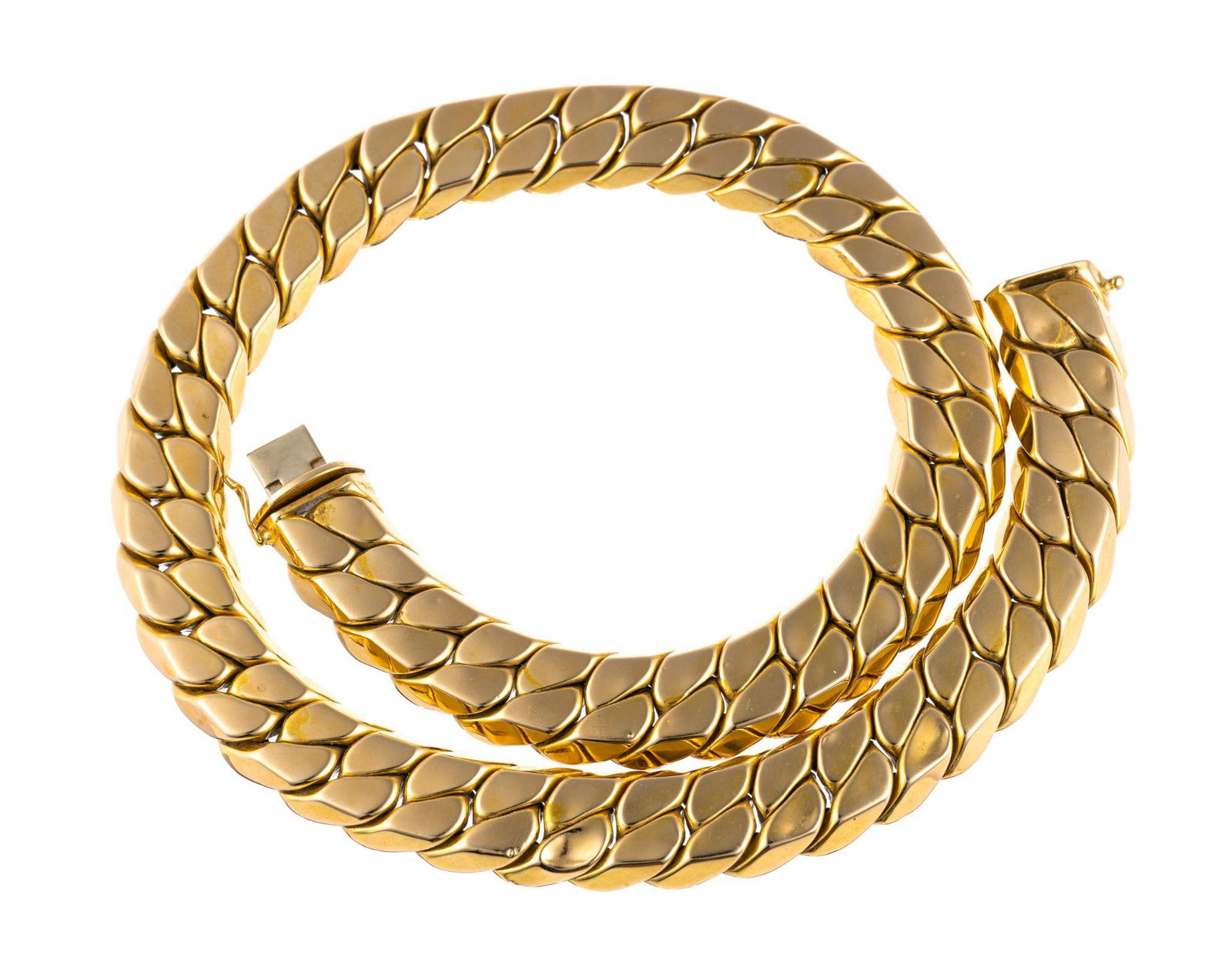 14K Gold Necklace: A large hollow-link Cuban chain necklace 17 1/2" length. Marked "AU 14k Made in Italy". Some links have denting. The weight is 79.7 grams.