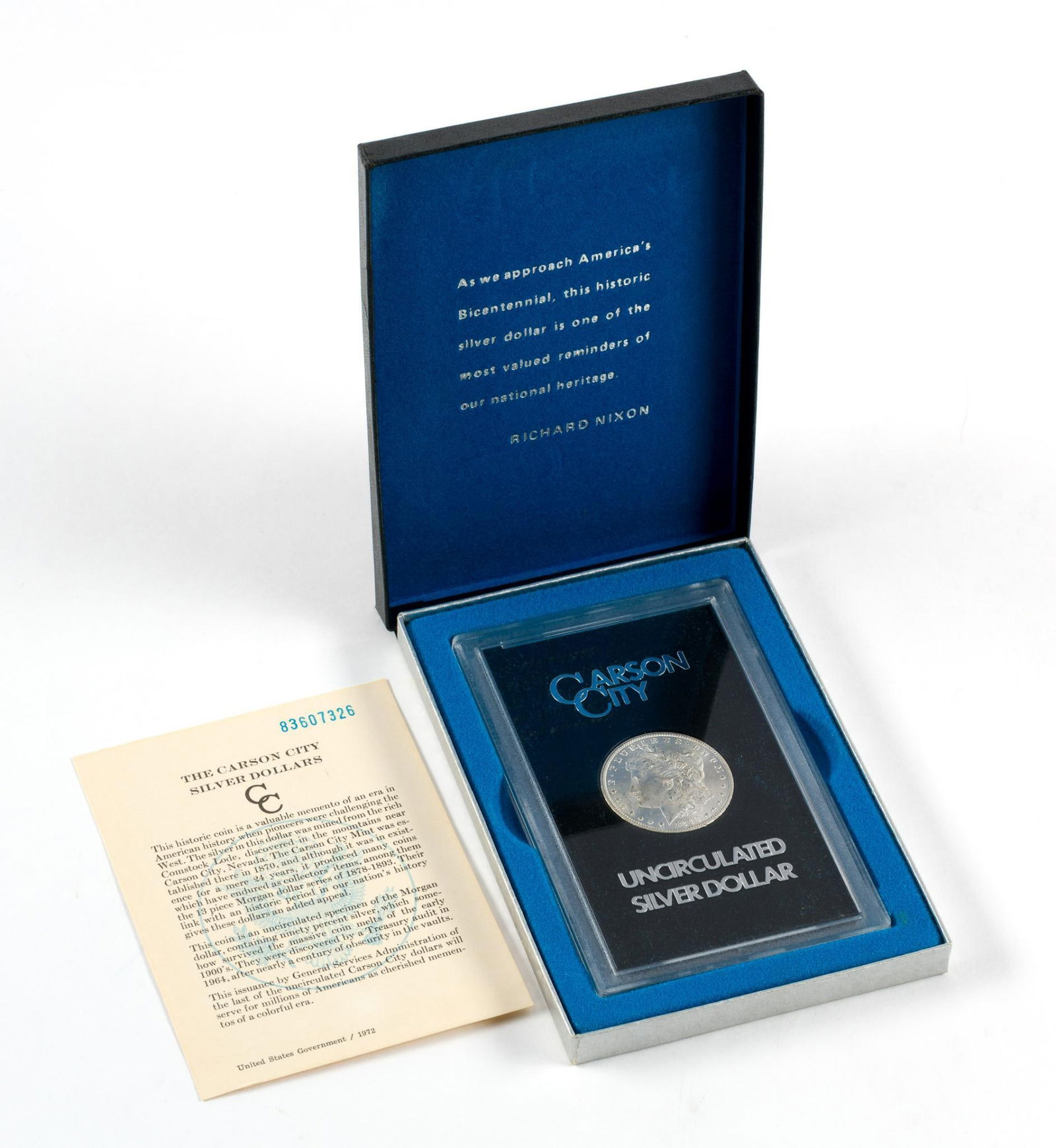 1882-CC Carson City Morgan Silver Dollar GSA: A GSA issuance Carson City 1882 silver dollar with original box and papers.